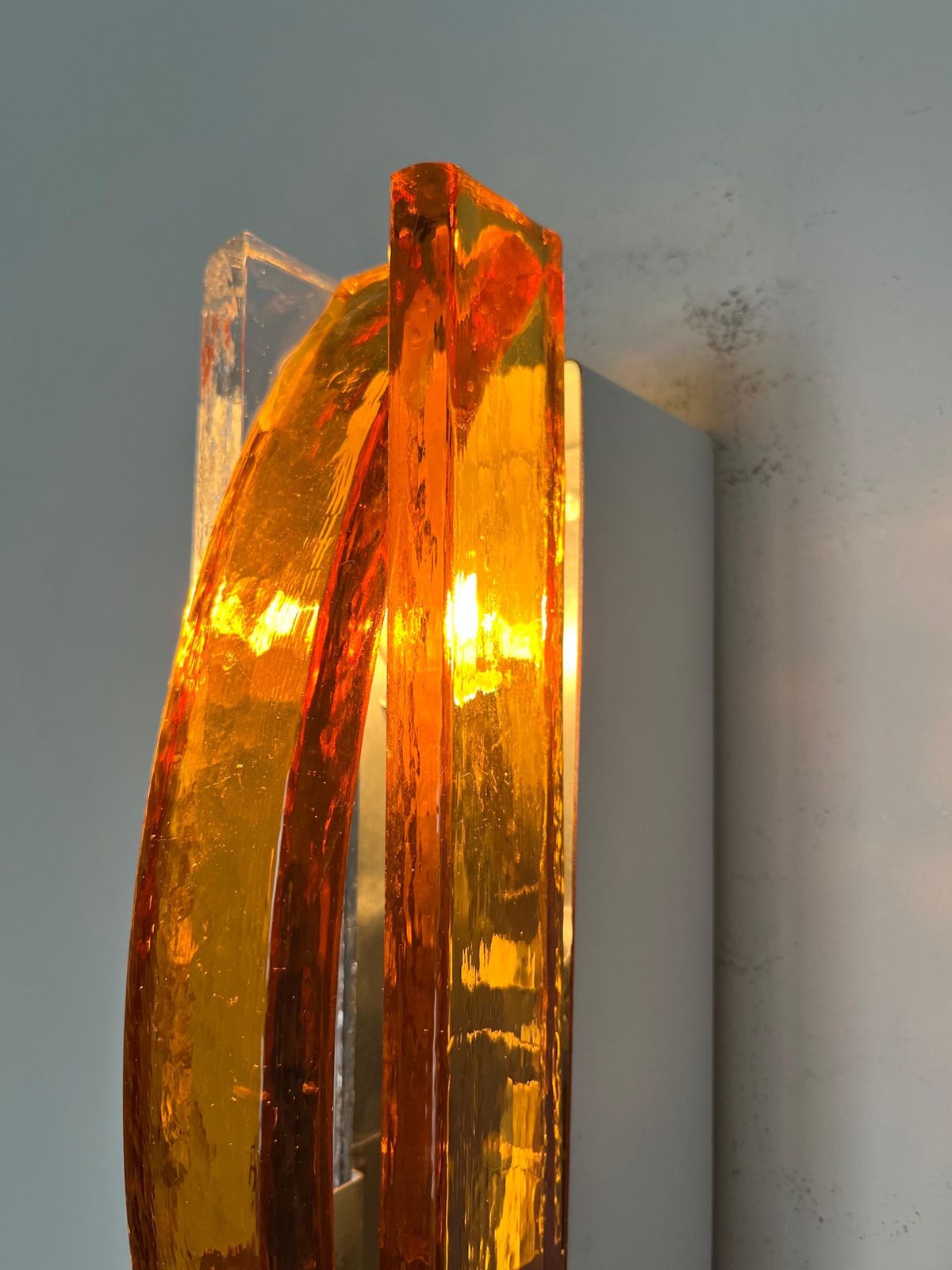 Italian Mid Century Pair Of Amber Clear Murano Wall Sconces By Poliarte, 1970s photo for sale