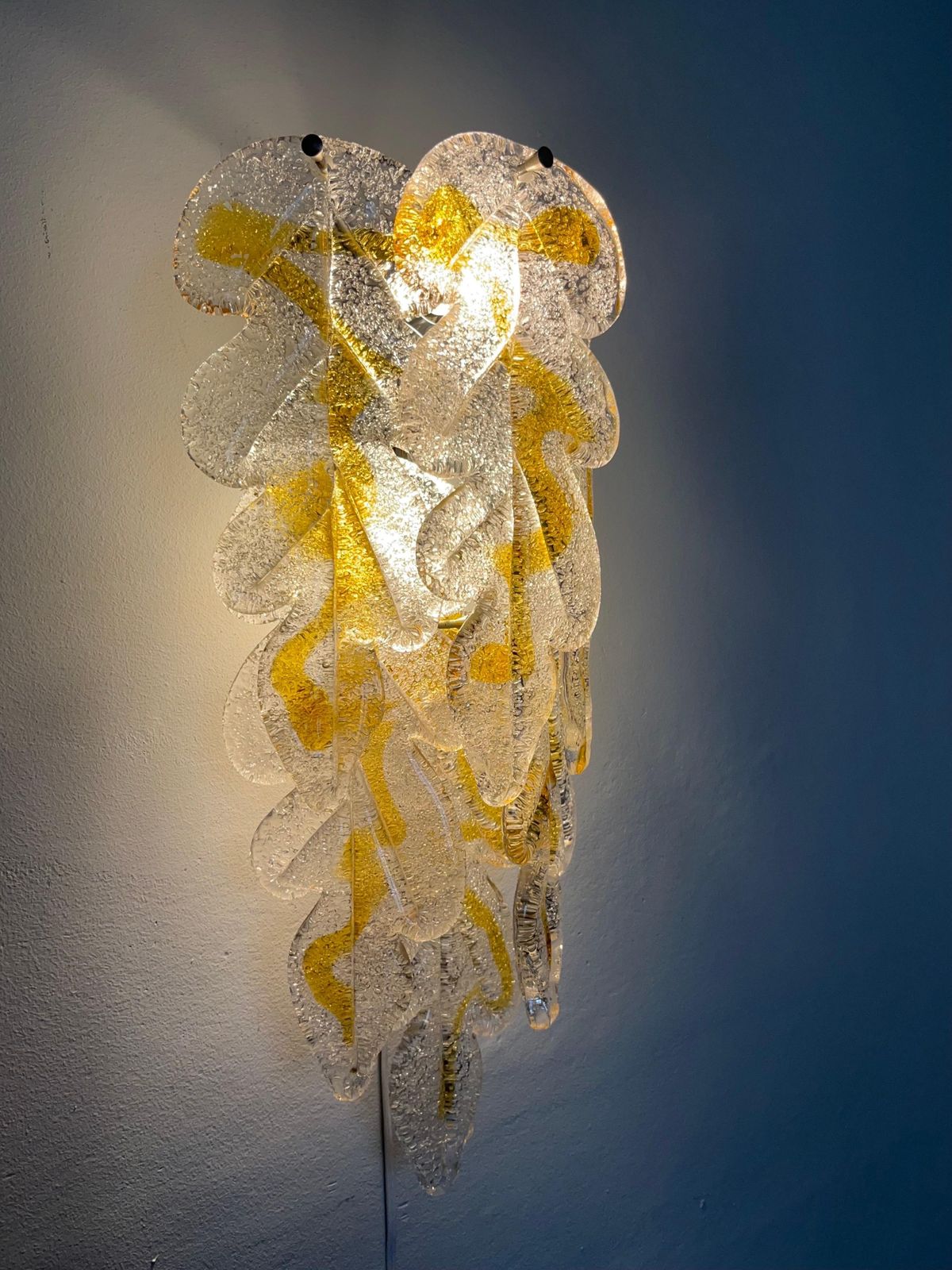 photo for sale Italian Midcentury Pair Of Clear Amber Murano Wall Sconces By Mazzega, 1970s