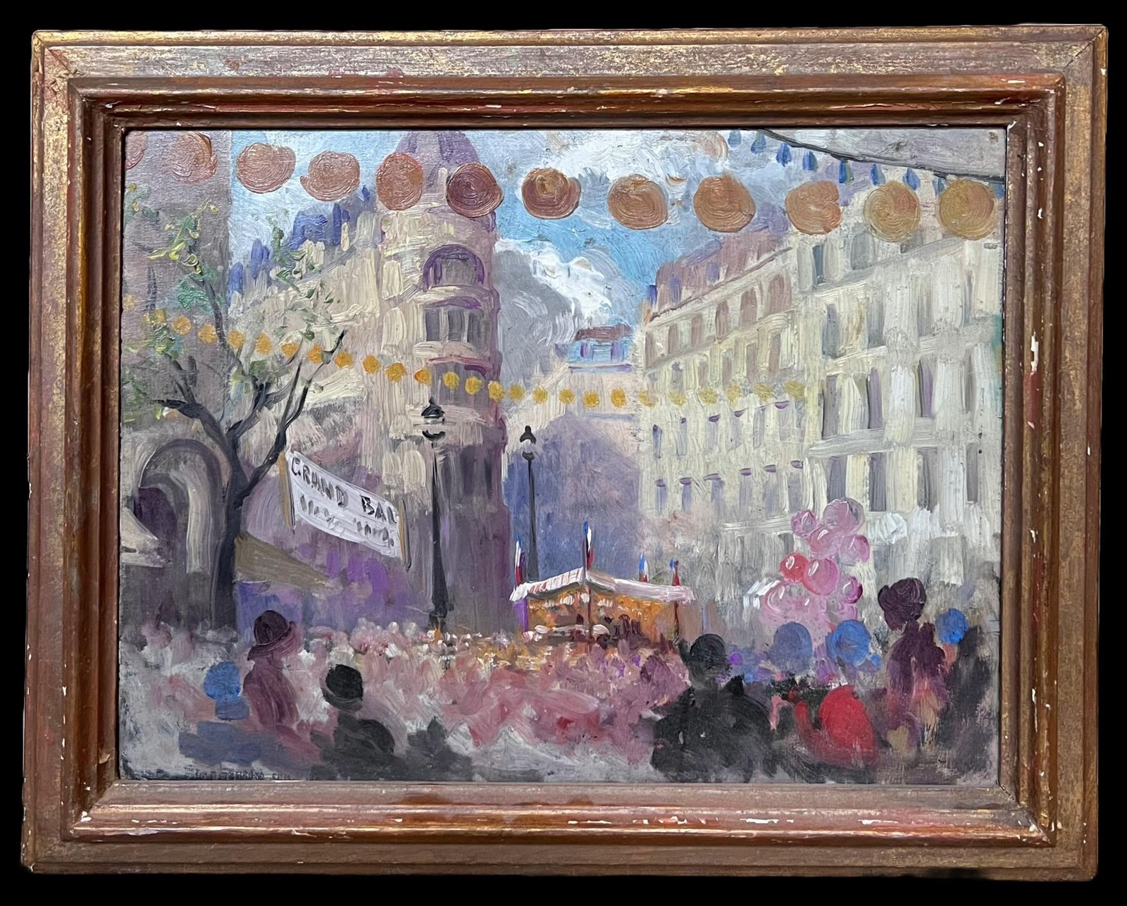 Marcelle Krier   Lambrette 1930s French Impressionist Oil Painting Busy French Market Festival Street Scene 1930's photo furniture
