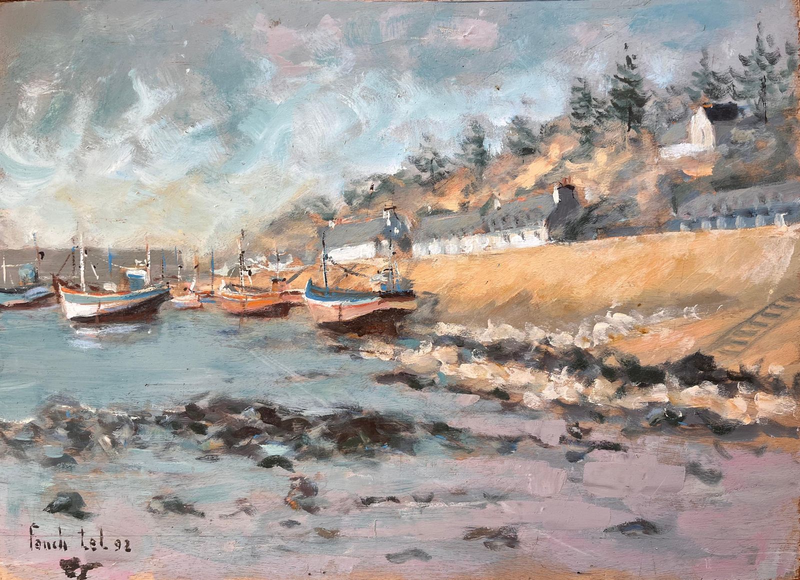 Fanch Lel French Coastal Village With Moored Fishing Boats And Rocky Shoreline 1992