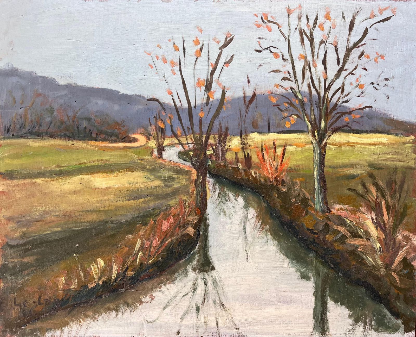 Fanch Lel French Autumn Landscape Of Tree Lined Canal With Reflections And Distant Hills