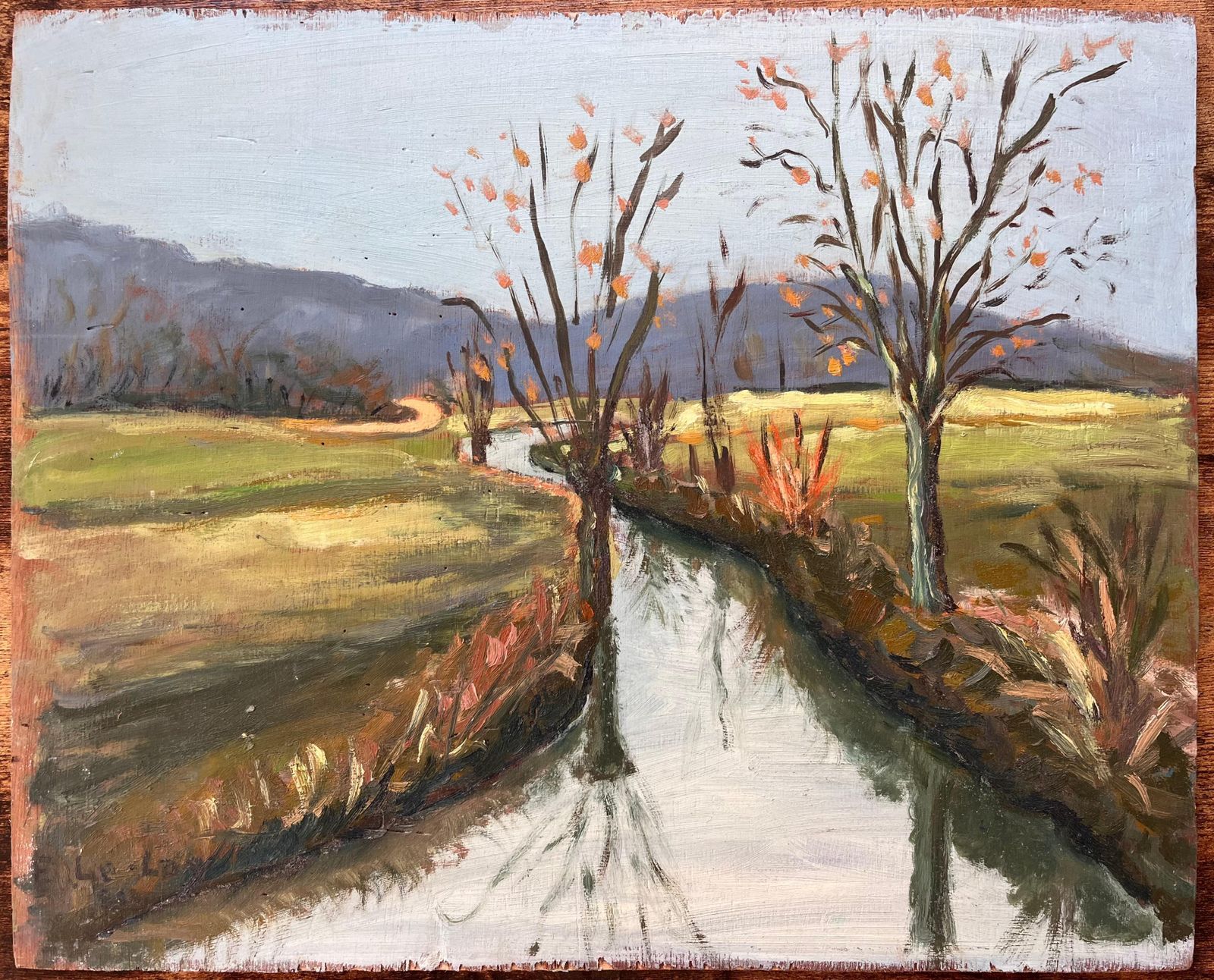 Fanch Lel French Autumn Landscape Of Tree Lined Canal With Reflections And Distant Hills photo furniture