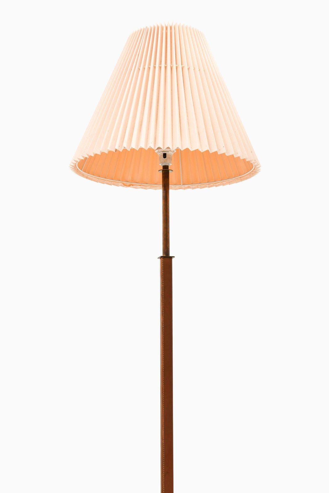 Rare Pair Of Floor Lamps In Leather, Brass And Original Shades, 1950's photo for sale