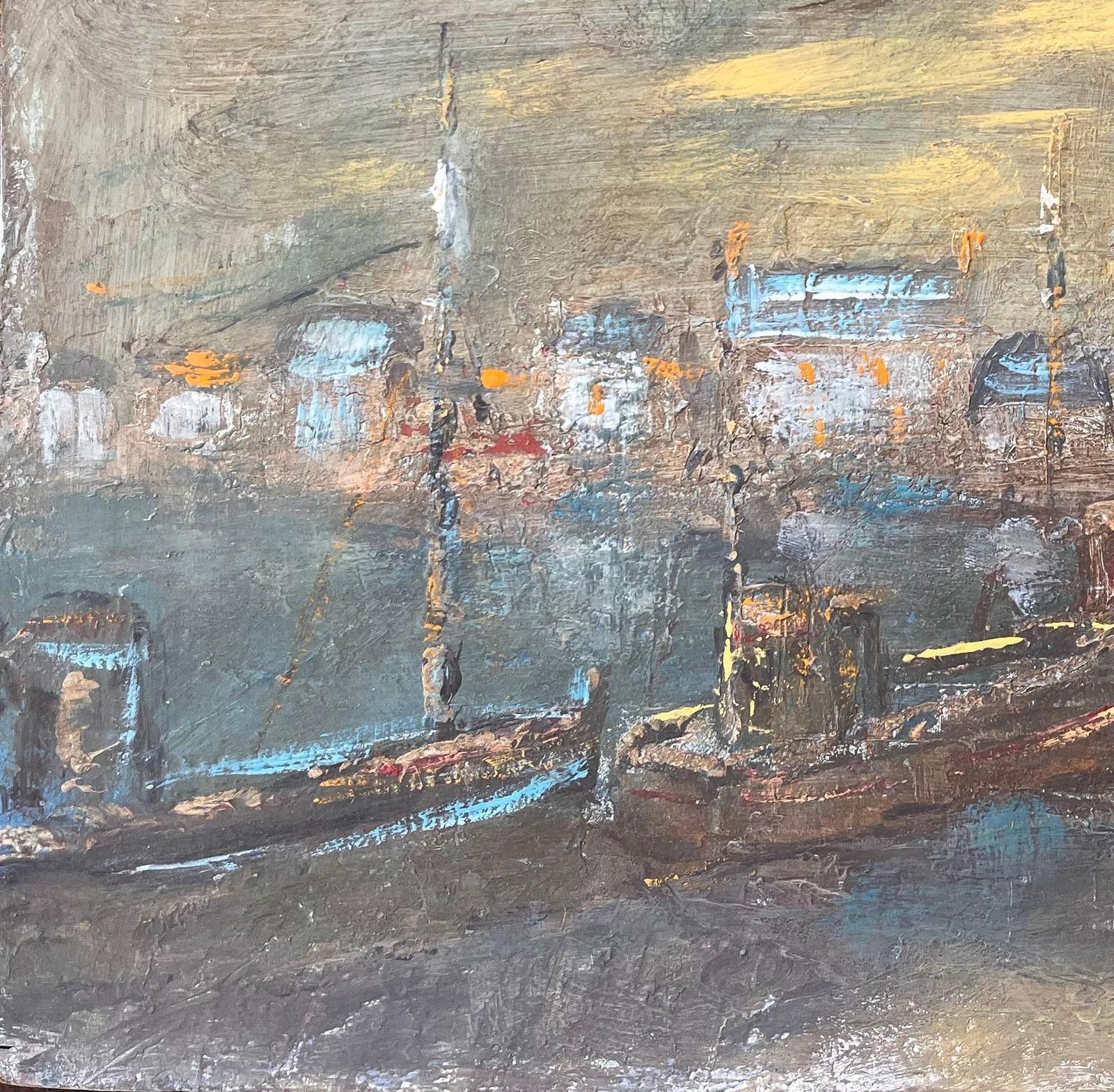 Fanch Lel Impressionist French Nocturne Port Scene Oil Painting With Boats And Lights photo for sale