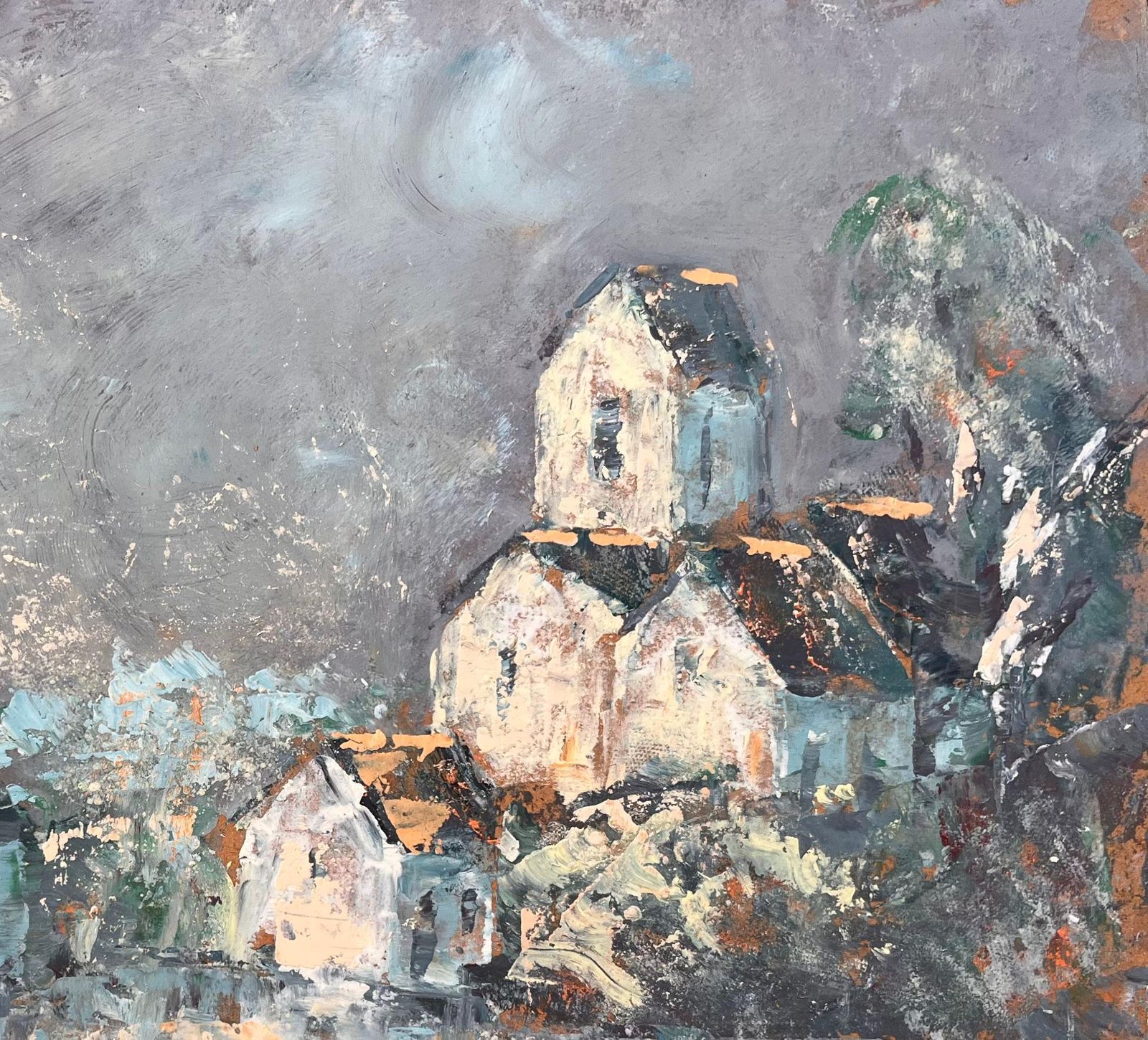 Fanch Lel French Expressionist Oil Of Village With Church Under Stormy Sky photo for sale