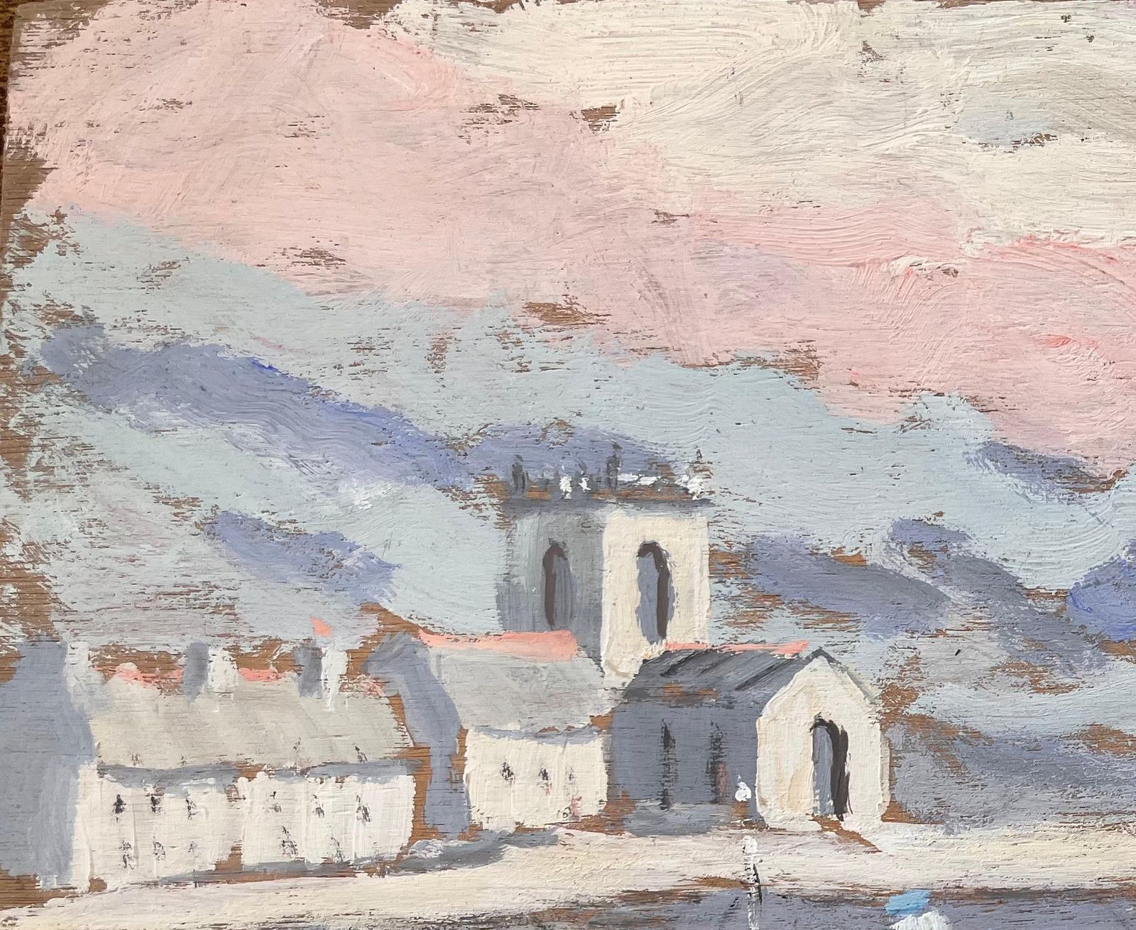 Fanch Lel Coastal Church And Fishing Boats In Morning Light With Pink Sky 1996 photo for sale