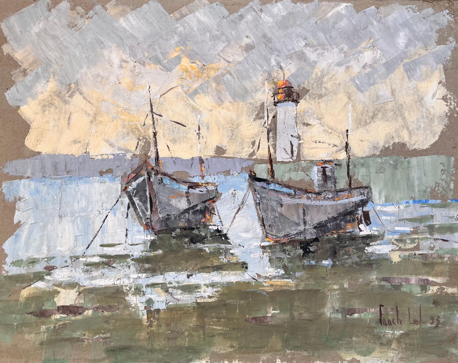 Fanch Lel Textured Coastal Oil Painting Of Fishing Boats And Lighthouse With Dramatic Sky 1993