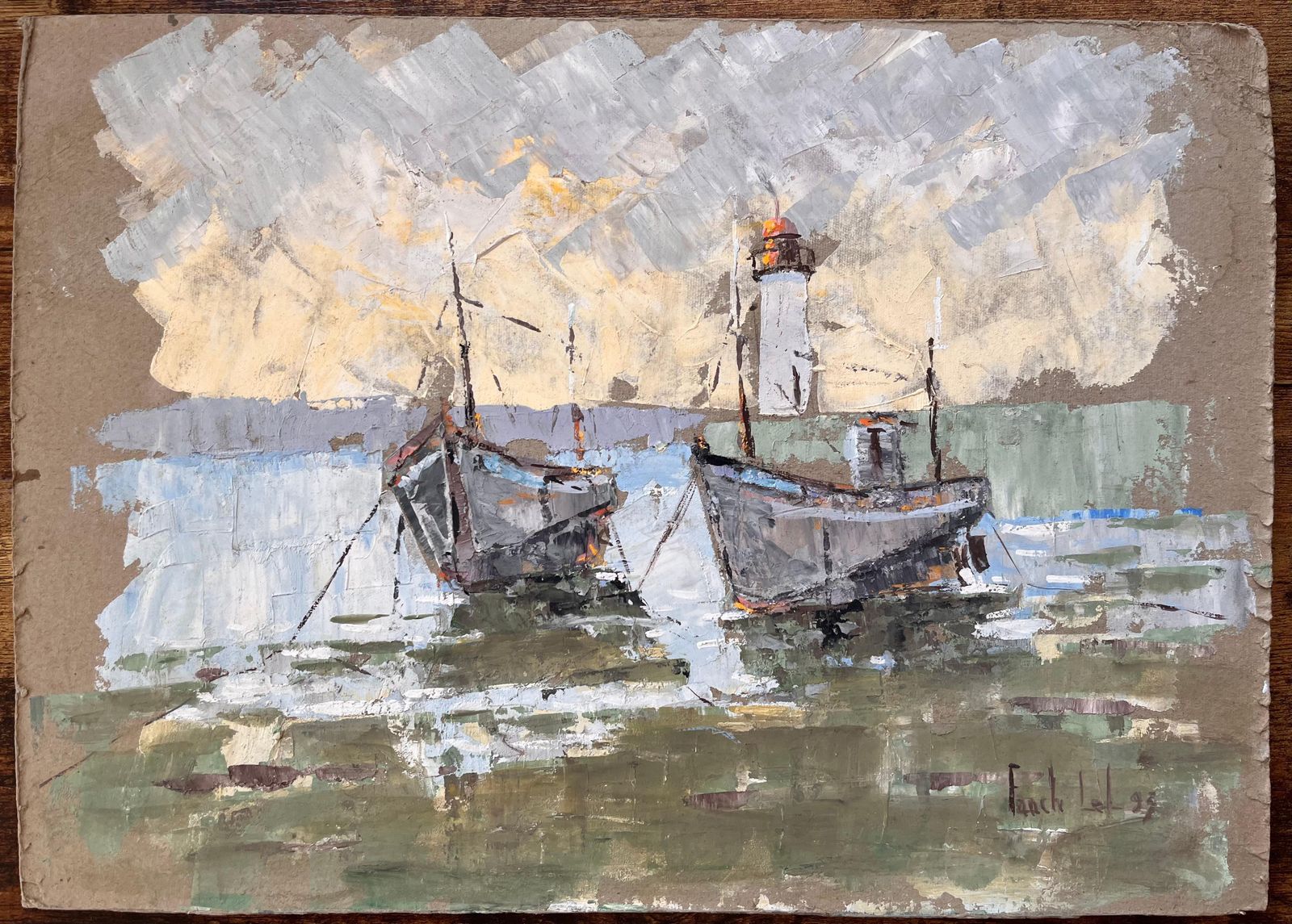 Fanch Lel Textured Coastal Oil Painting Of Fishing Boats And Lighthouse With Dramatic Sky 1993 photo furniture
