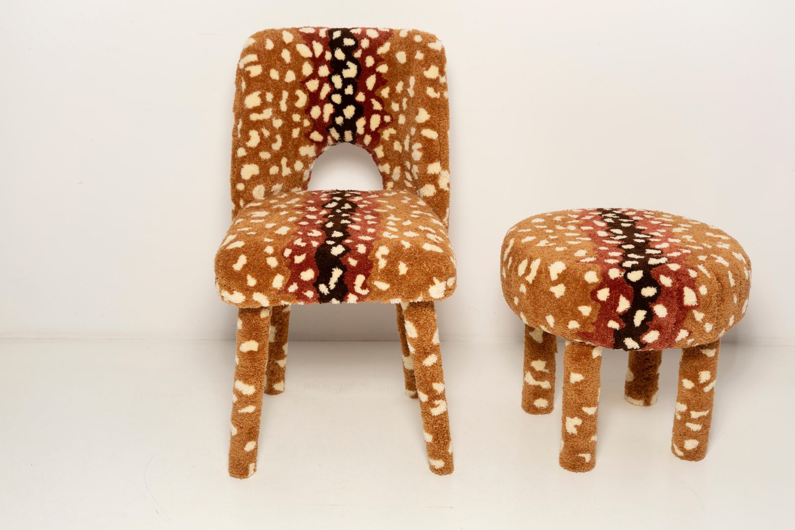 Set Of Mid Century Hand Tufting Roe Deer Bambi Wool Chair And Stool, Europe photo vinterior