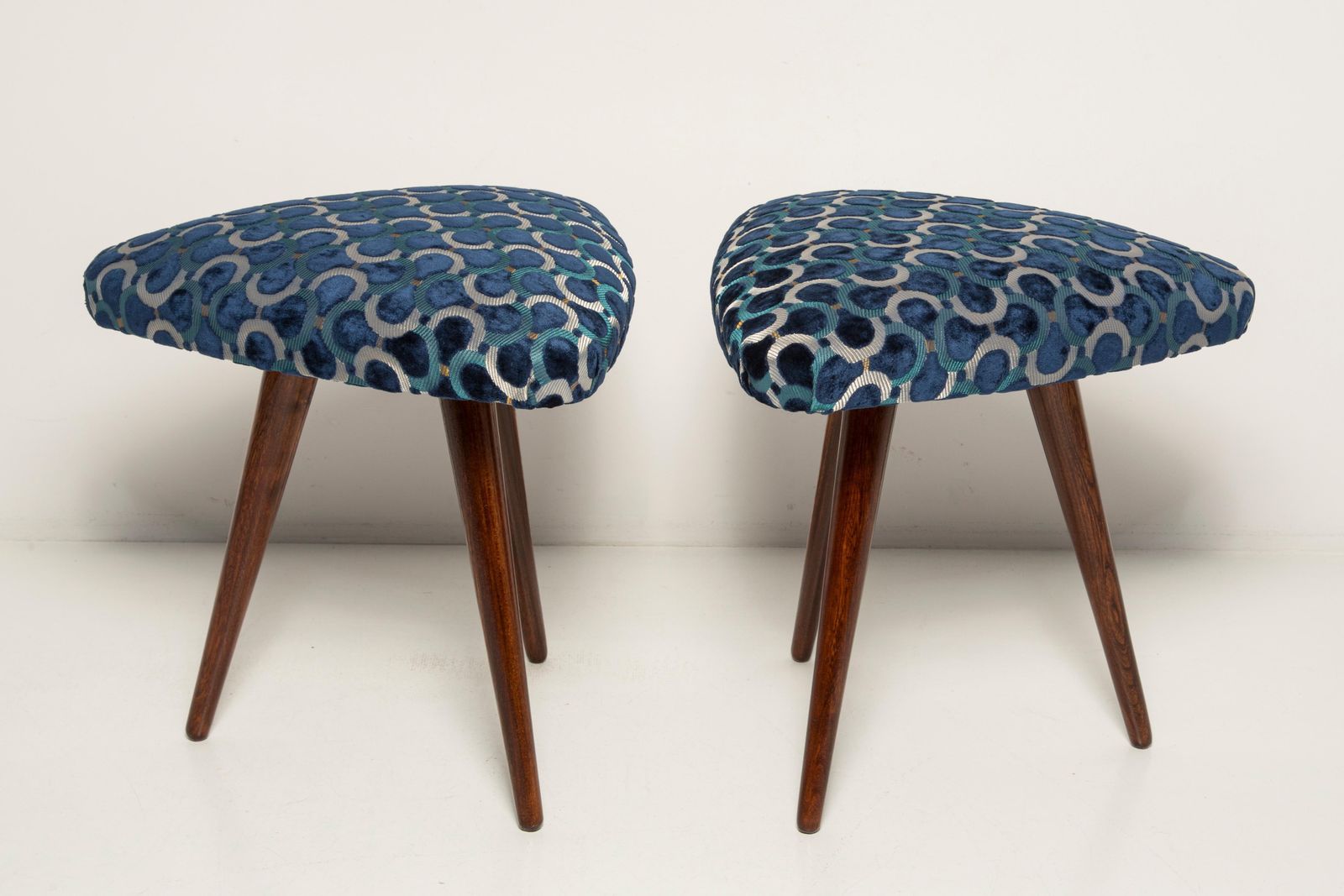 Set Of Two Mid Century Scarabeo Blue Velvet Dedar Triangle Stools, Europe, 1960s photo furniture
