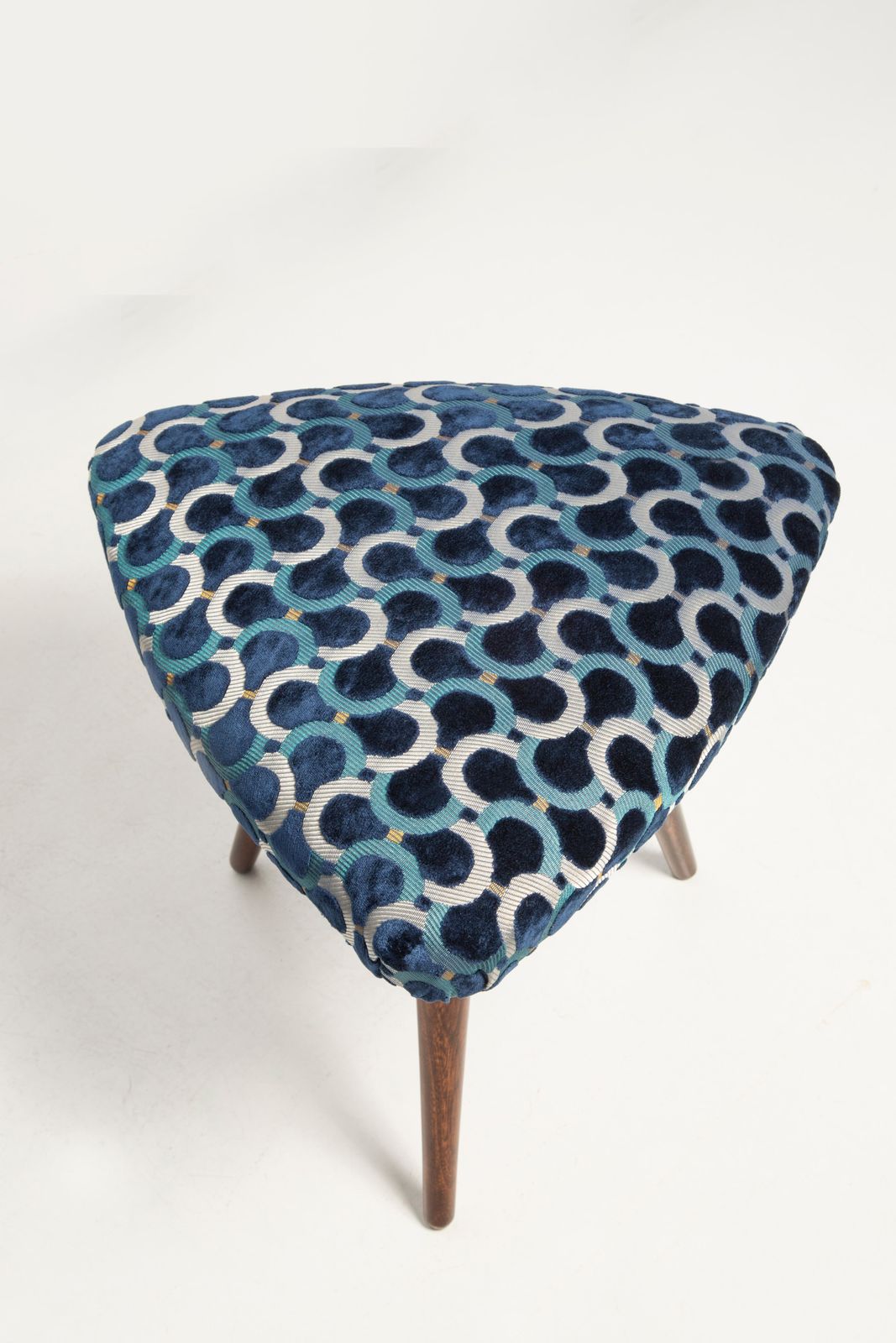 Set Of Two Mid Century Scarabeo Blue Velvet Dedar Triangle Stools, Europe, 1960s photo vinterior