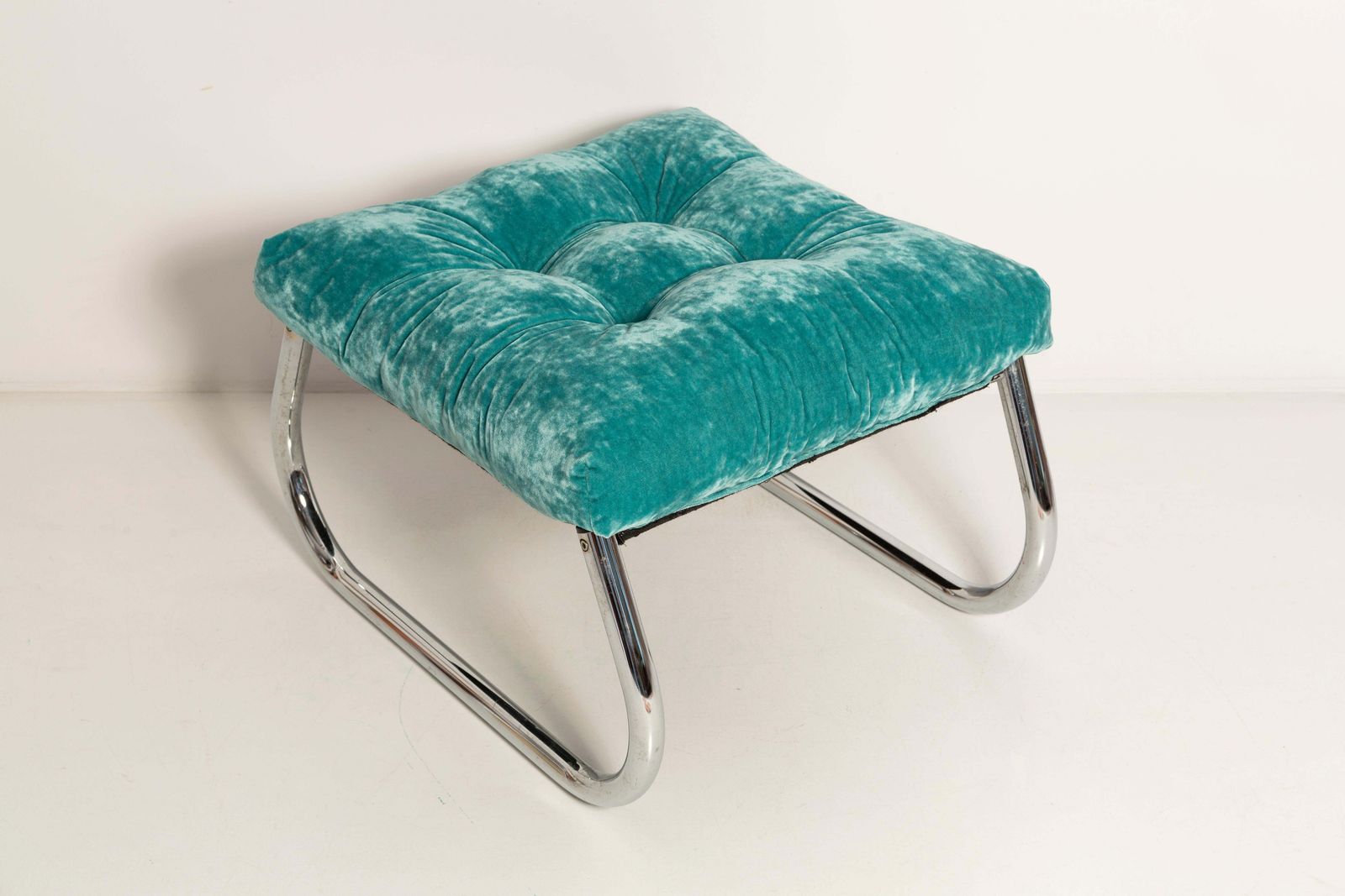 Mid Century Bench Stool, Turquoise Blue Dedar Plushy Velvet, Bauhaus, 1970s photo furniture