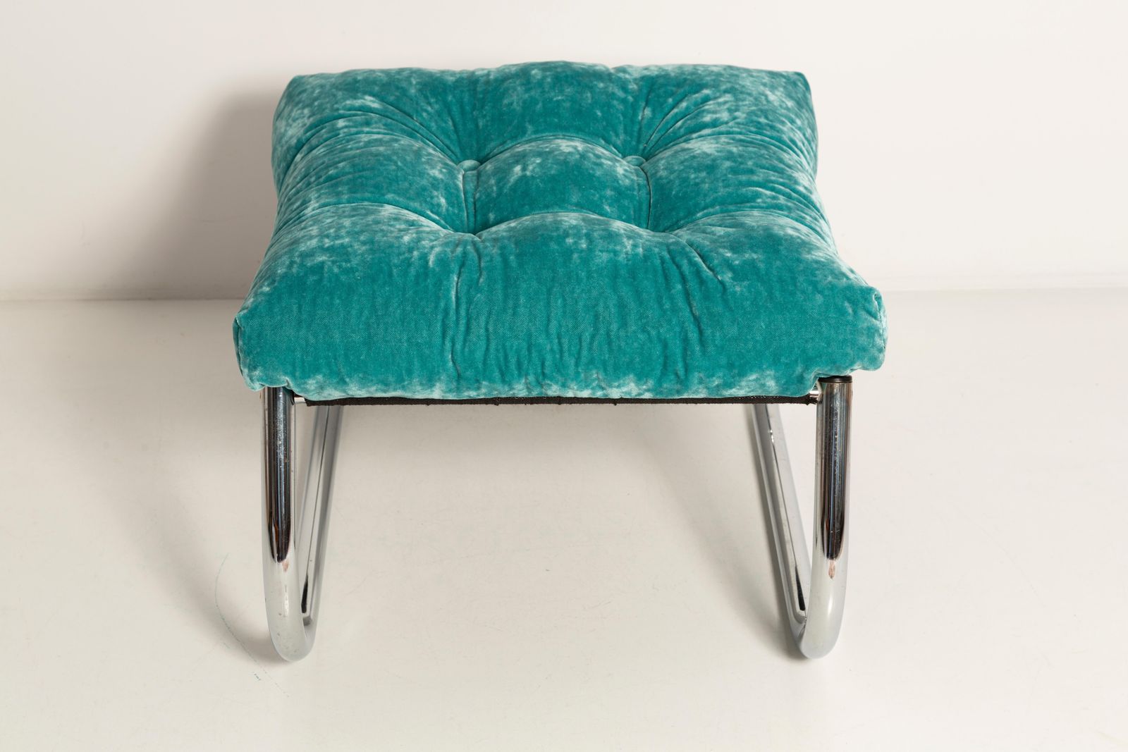 Mid Century Bench Stool, Turquoise Blue Dedar Plushy Velvet, Bauhaus, 1970s photo buy