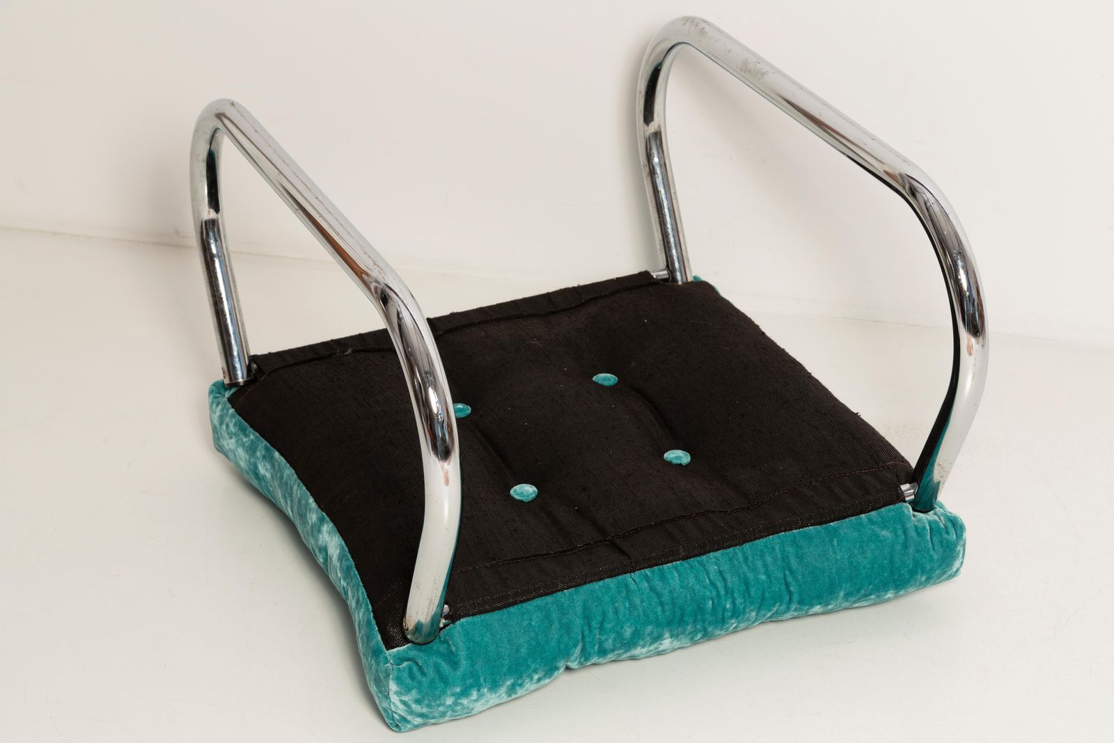 photo furniture Mid Century Bench Stool, Turquoise Blue Dedar Plushy Velvet, Bauhaus, 1970s