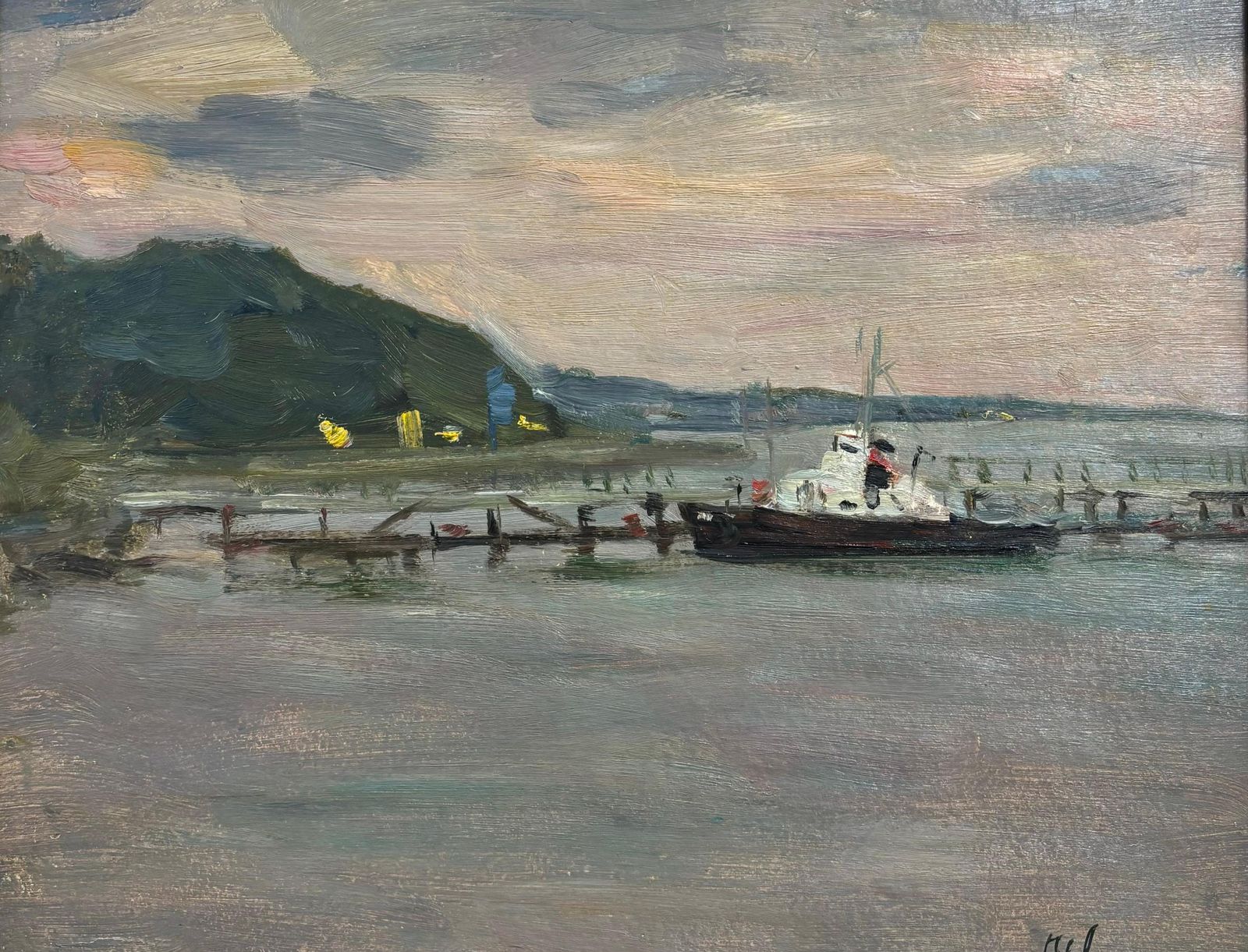 Boris Mikhailovich Lavrenko"Tramonto All'imbarco " Olio Su Cartone  Cm.1980