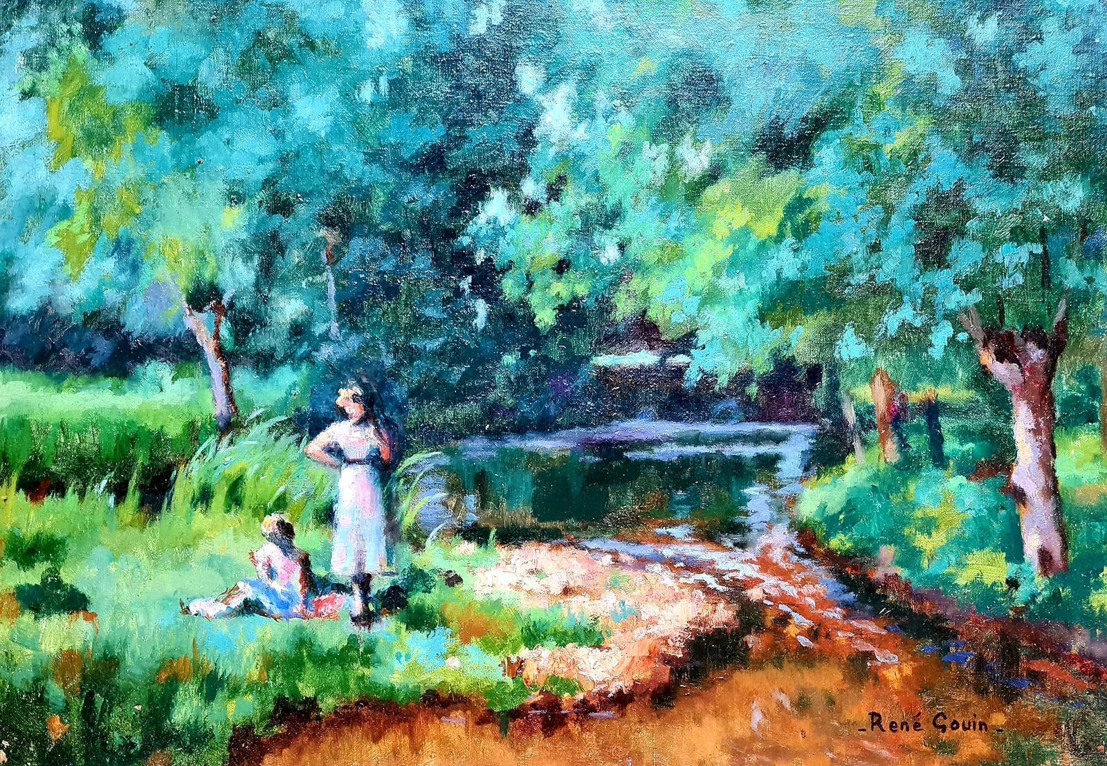 René Albert Raphaël Gouin French Impressionist Oil On Canvas, Picnic By The Riverbank Dejeuner Sur L'herbe photo furniture