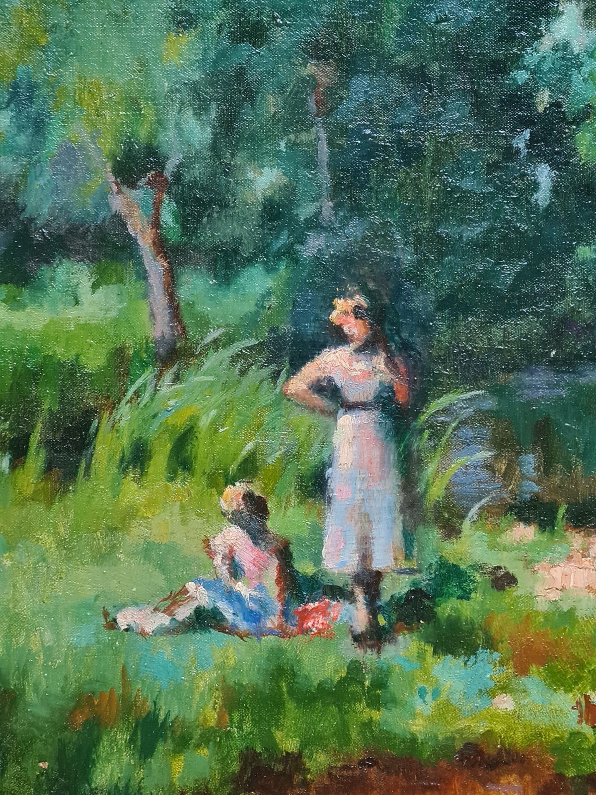 René Albert Raphaël Gouin French Impressionist Oil On Canvas, Picnic By The Riverbank Dejeuner Sur L'herbe photo for sale