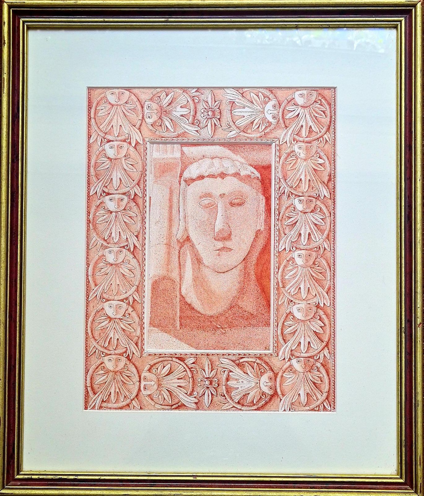Unknownsanguine Watercolour Study Of A Cubist Head With Floral Painted Mount. photo furniture