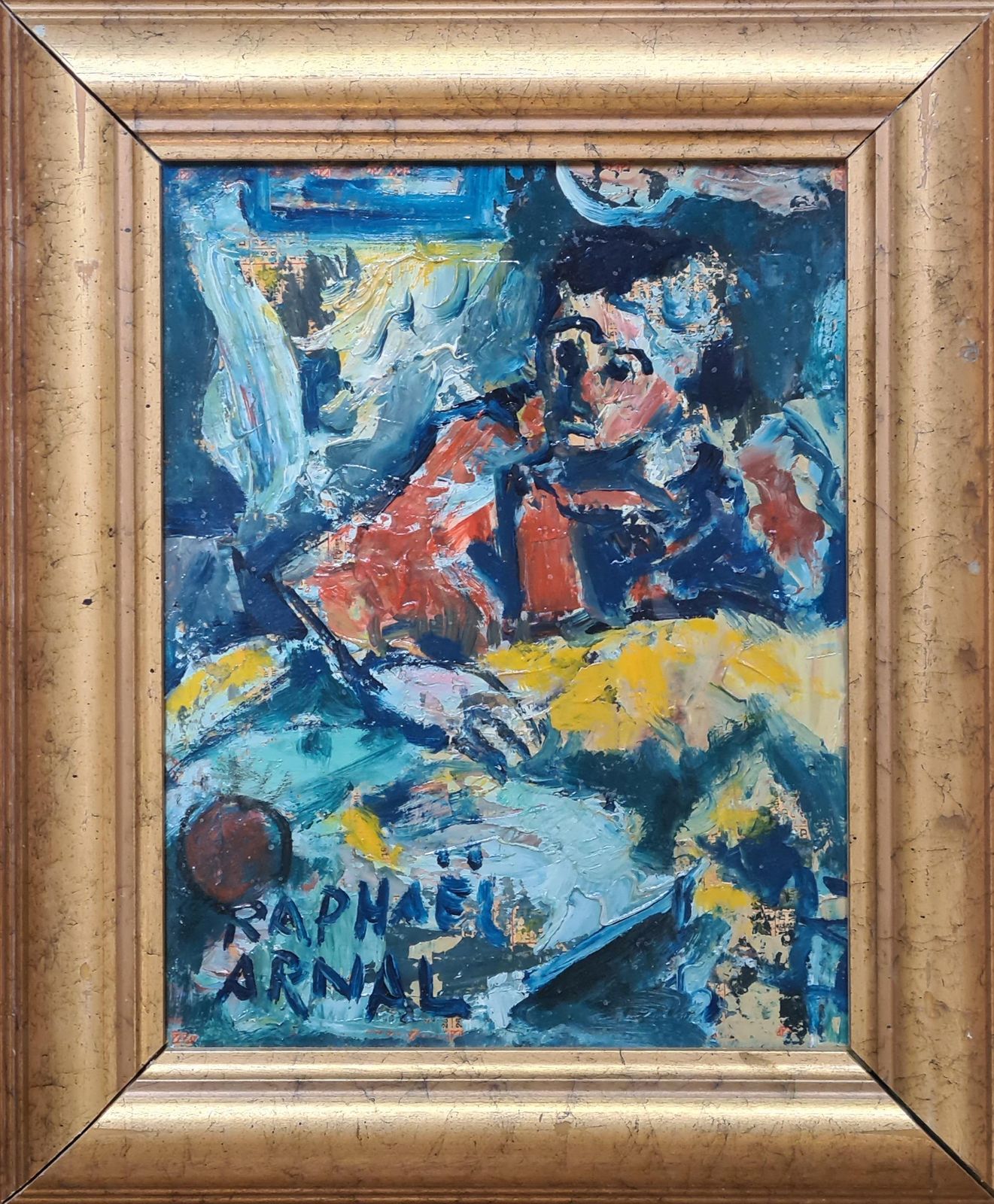 Raphaël Arnal Mid Century French Expressionist Oil, La Couseuse 1952 photo furniture