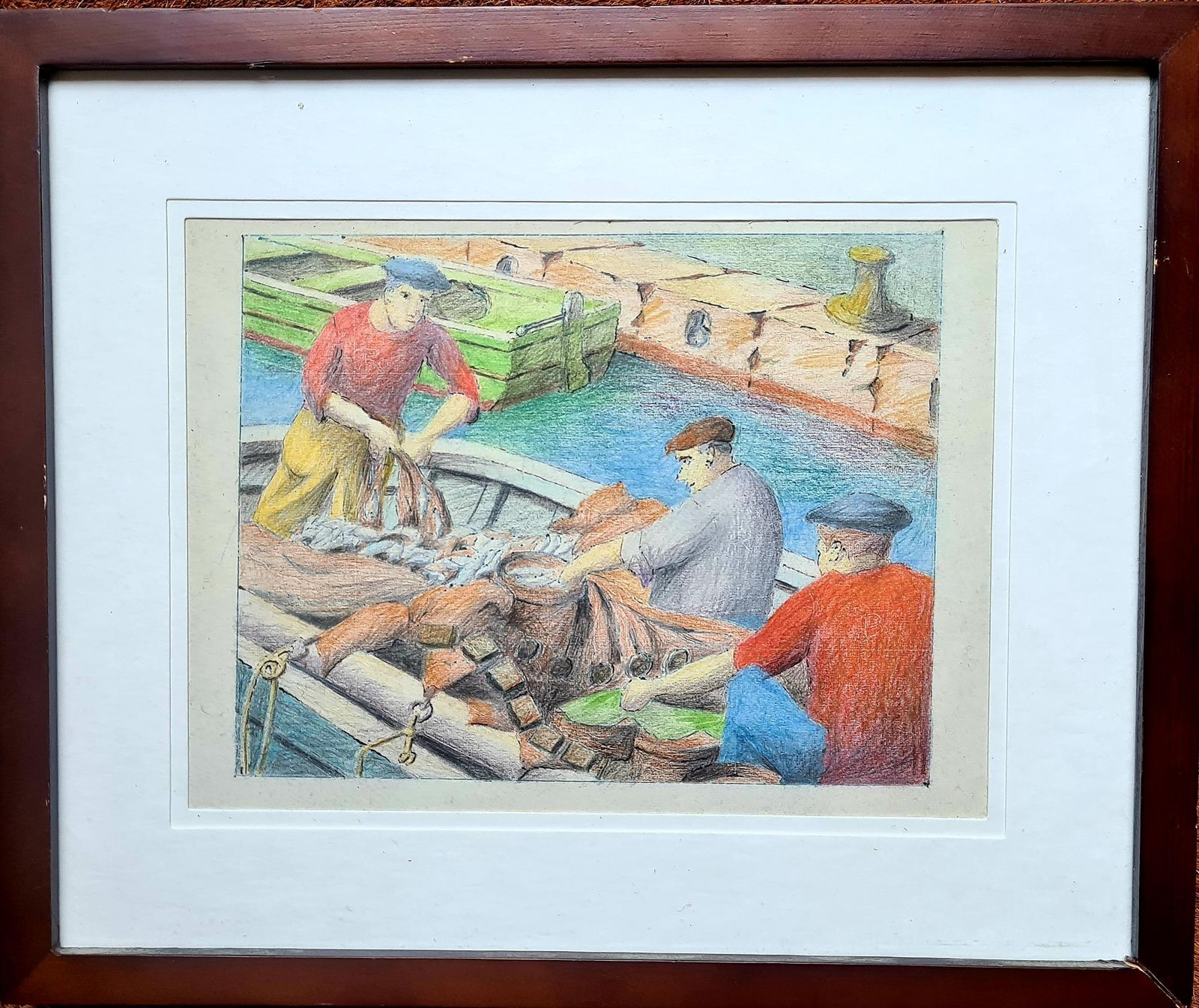 Unknownmid Century French Drawing Of The Fishermen, Port Of Nice, South Of France.1970 photo furniture