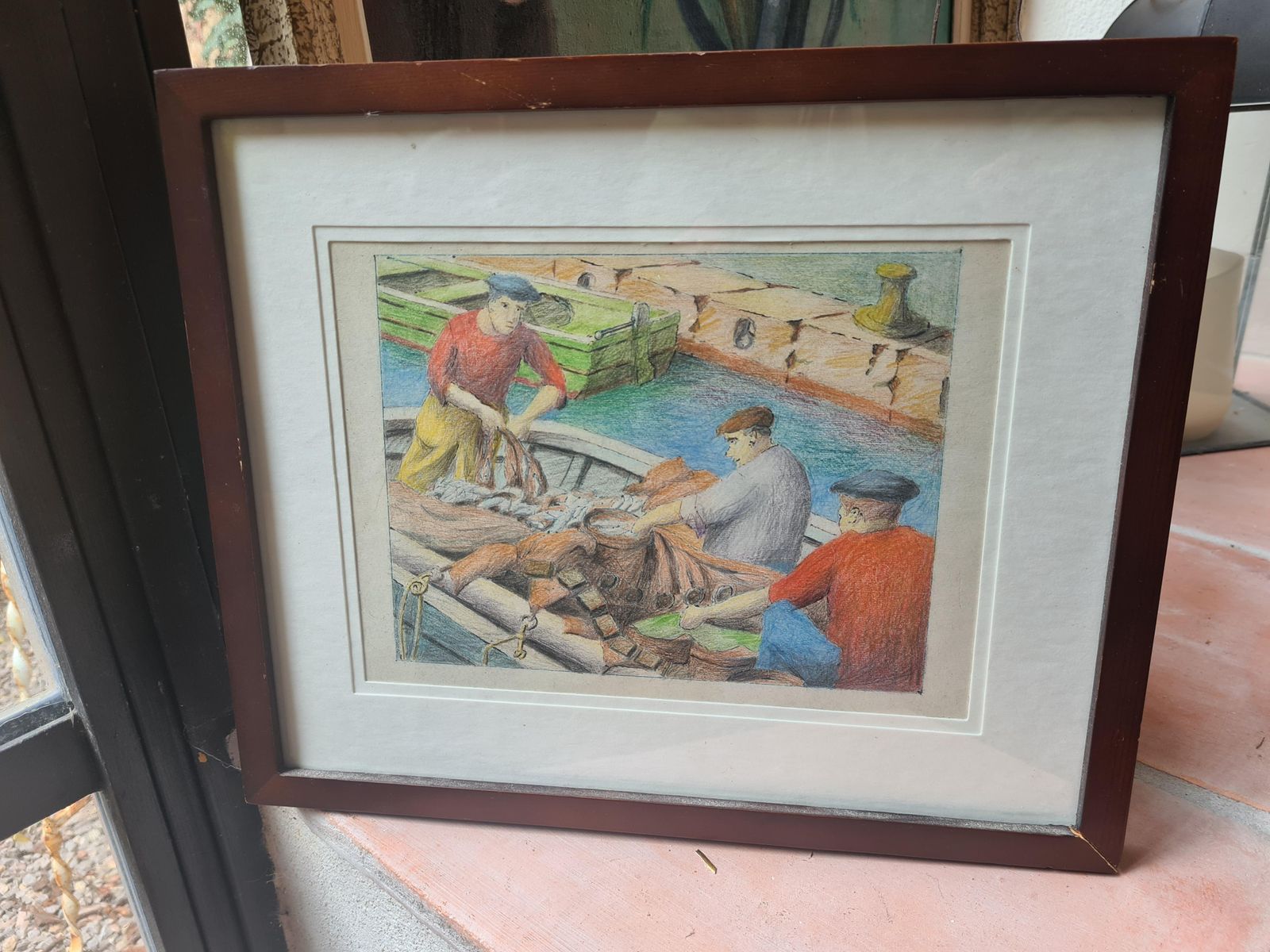 377.0 Unknownmid Century French Drawing Of The Fishermen, Port Of Nice, South Of France.1970 photo