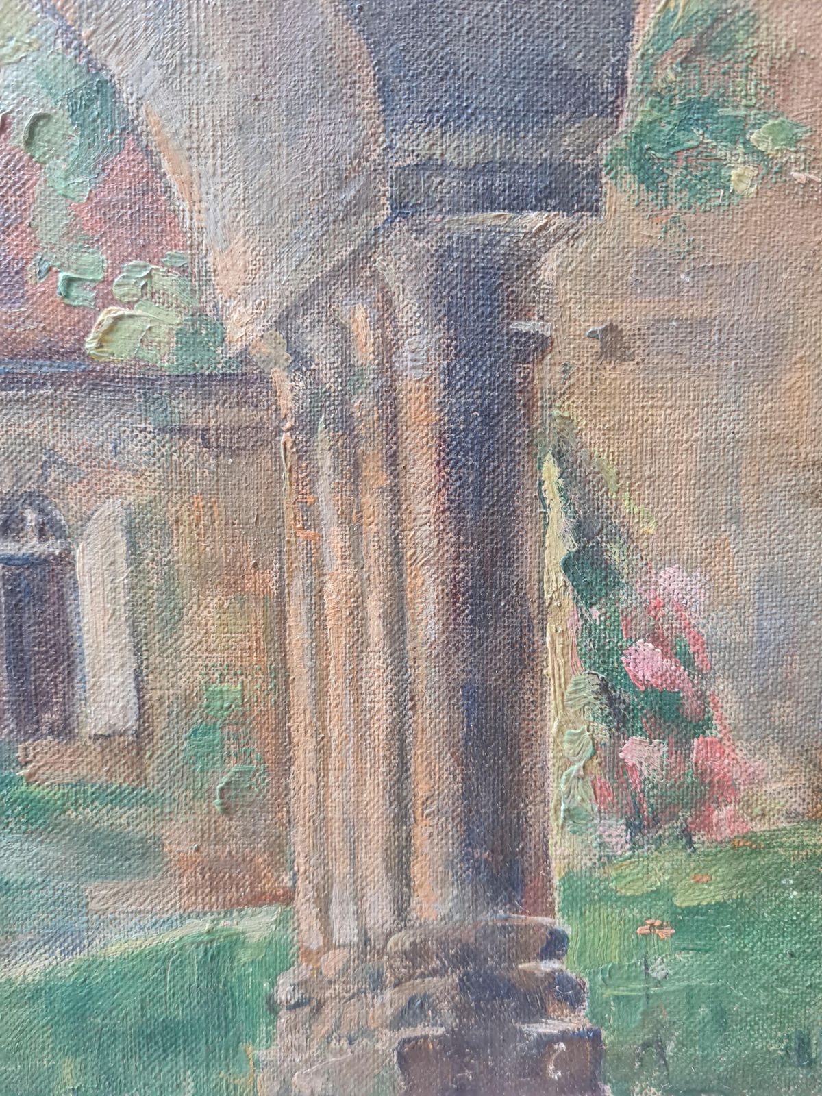 French Impressionist Oil On Canvas Painting, In A Monastery Garden, 1900s By M Lagrosk photo vinterior