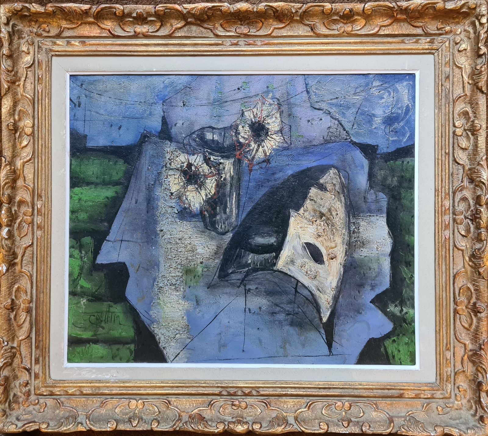 French Expressionist Still Life In Oil, Ecole De Nice, By Jean Marie Gouttin, Circle Of Bernard Buffet