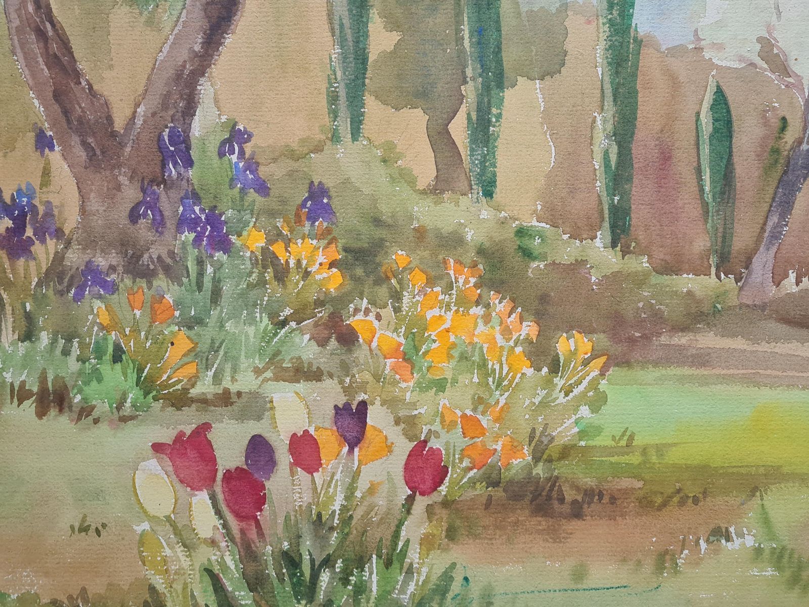 Impressionist Mediterranean Garden In Summer. Gouache & Watercolour On Paper By Songa photo vintage