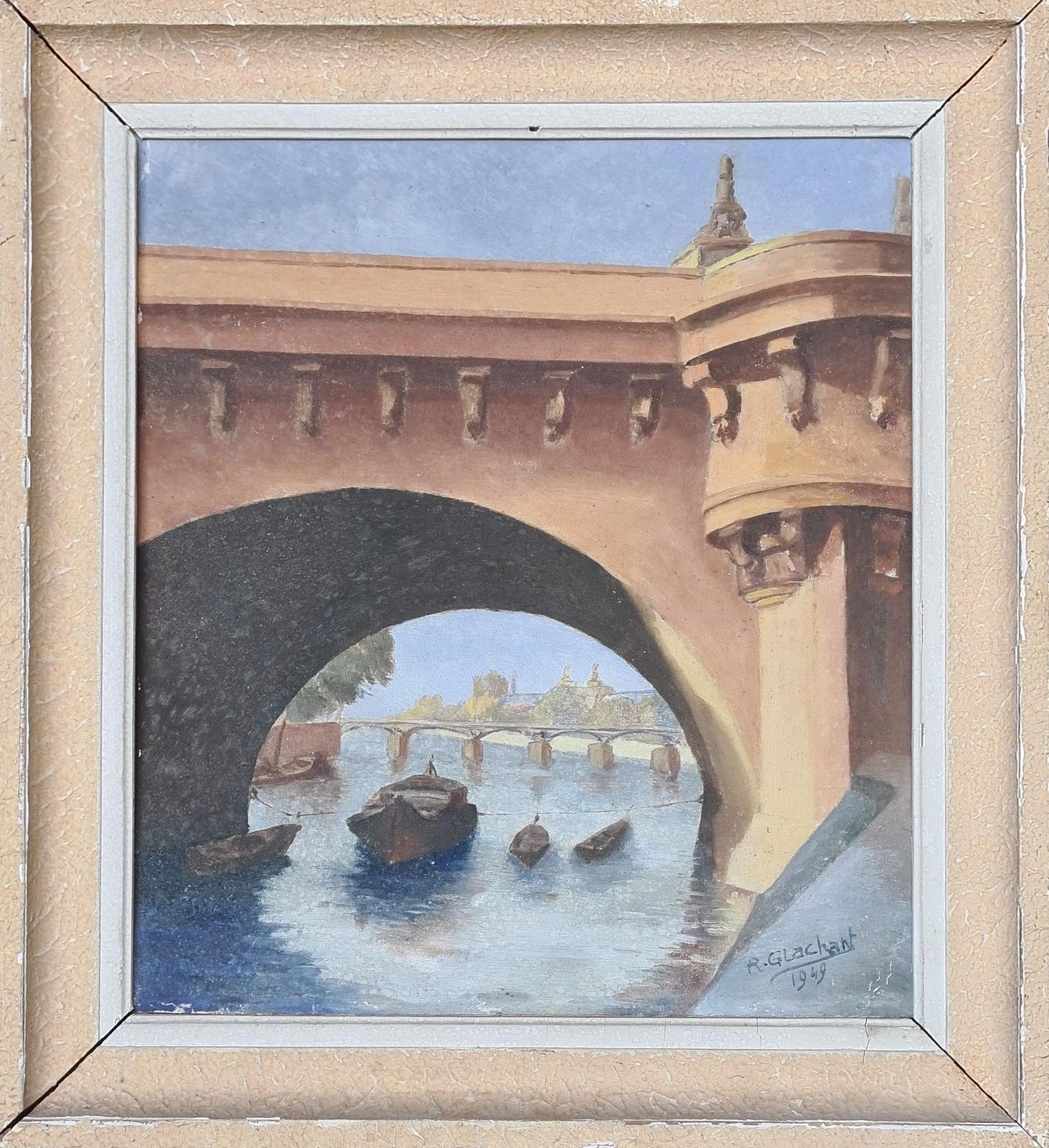 Mid Century Paris View, Le Pont Neuf And The Seine. Oil On Board From 1949 By R Glachant