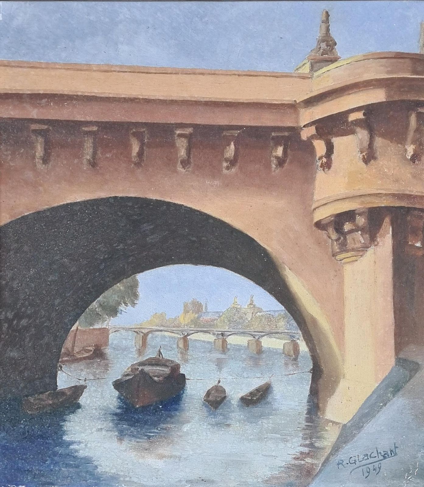 Mid Century Paris View, Le Pont Neuf And The Seine. Oil On Board From 1949 By R Glachant photo furniture