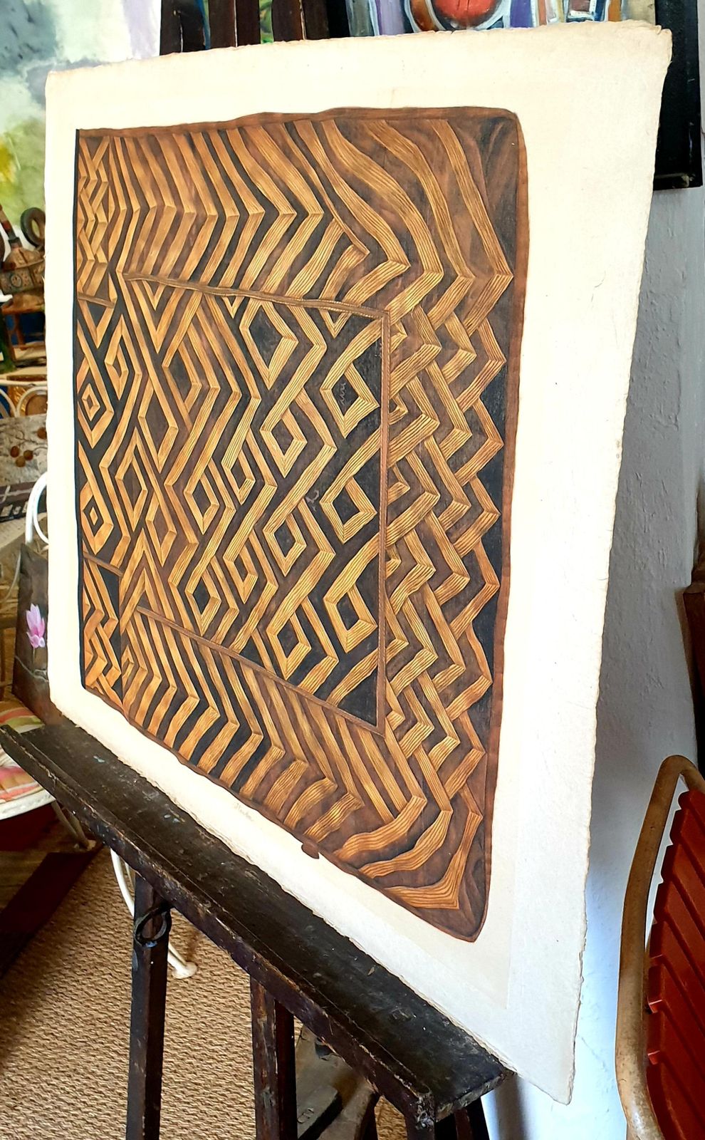 Art La Roche Laffitte, Painting Of An Antique Caucasian 'Kuba' Tribal Item, Watercolour On Silk photo