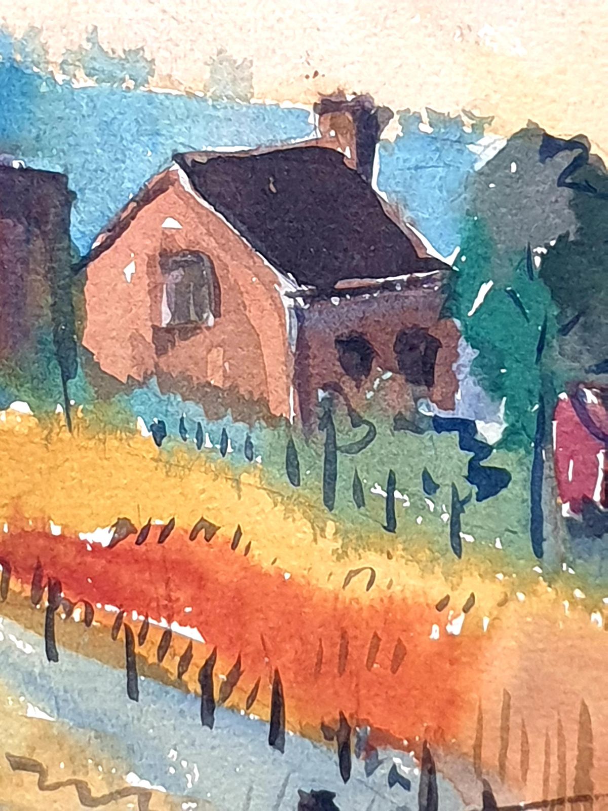 Mid Century Watercolours Double Sided On Paper, Village Landscape Or Canal View From 1951 By André Pierard photo vinterior