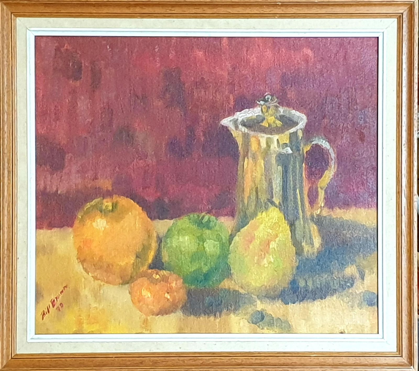 Colourful French Still Life, Fruit And Coffee Pot. Oil On Board From 1979 By Bill Brown photo furniture
