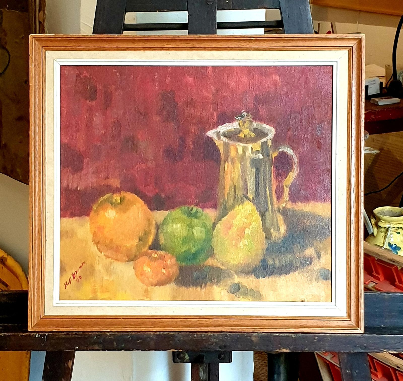 Colourful French Still Life, Fruit And Coffee Pot. Oil On Board From 1979 By Bill Brown photo Art