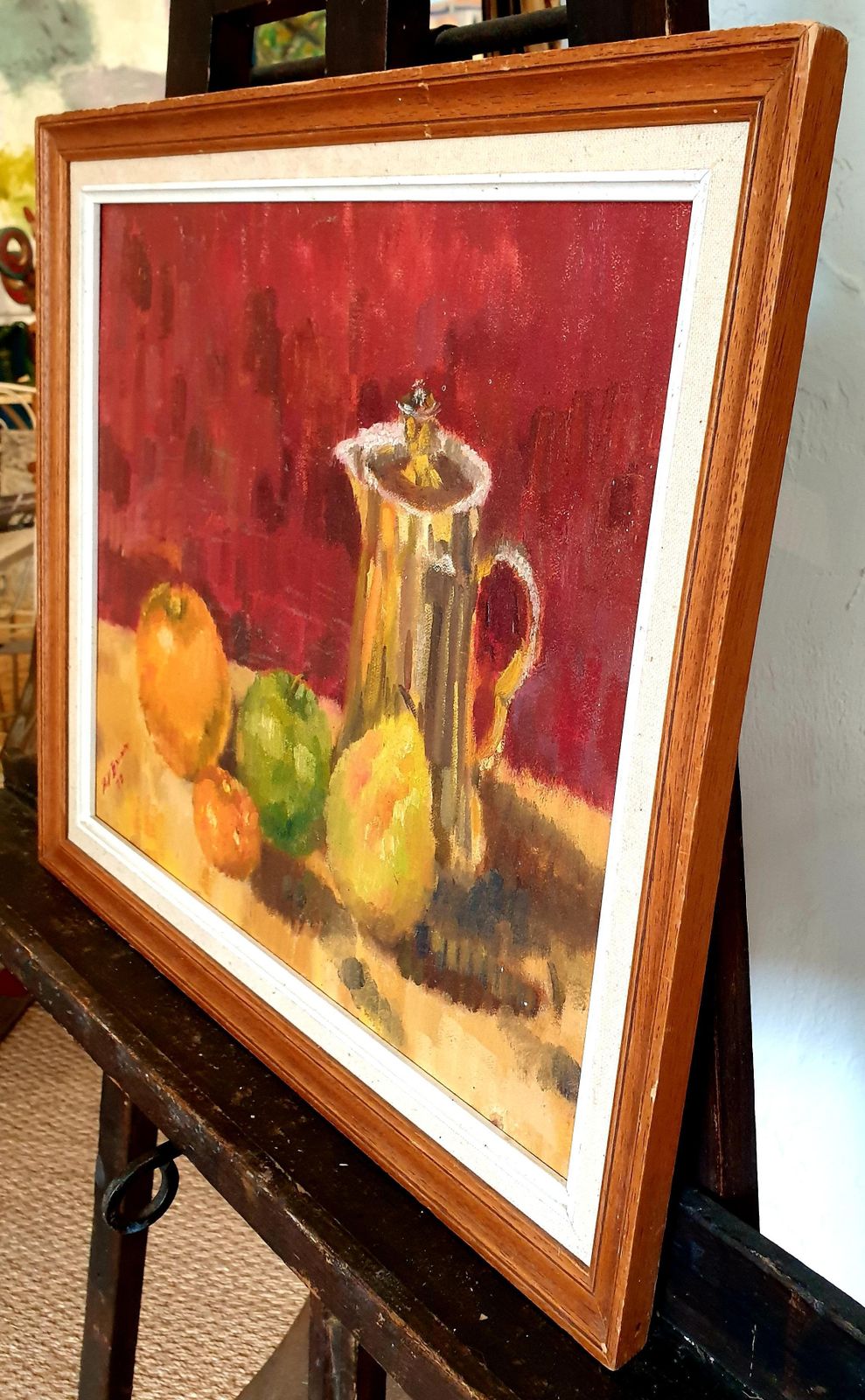 Art Colourful French Still Life, Fruit And Coffee Pot. Oil On Board From 1979 By Bill Brown photo
