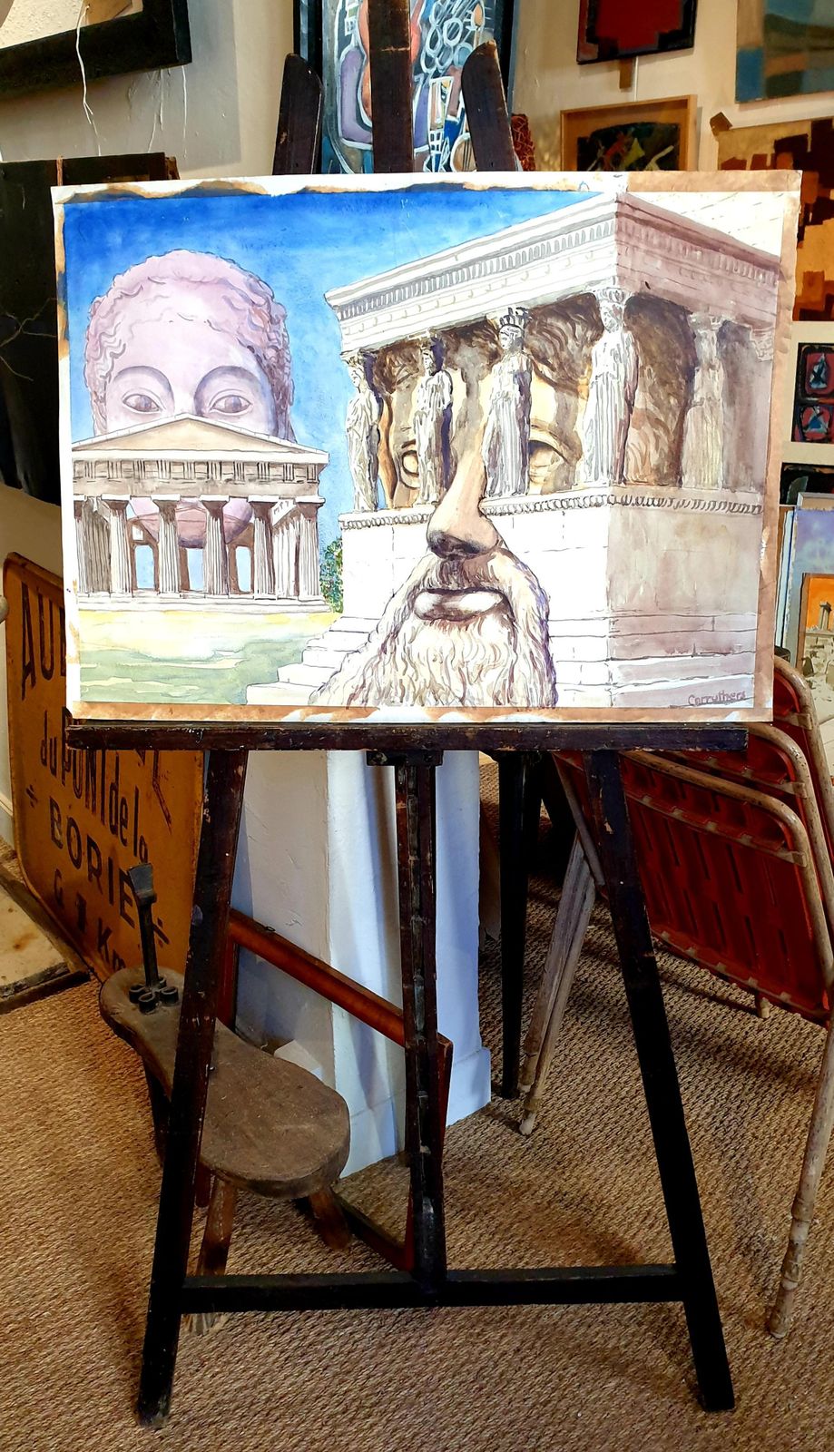 photo vintage Derek Carruthers Surrealist Watercolour/Gouache On Paper. 'The Birth Of Sculpture''1986