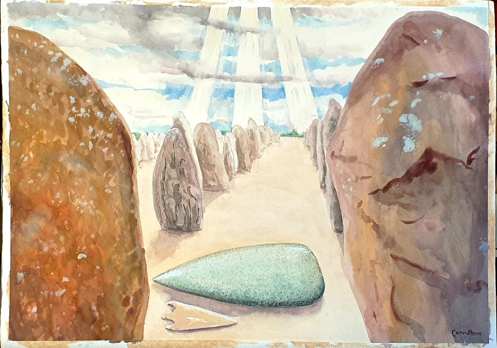 Derek Carruthers Late 20th Century Surrealist Gouache On Paper. 'Stones'.1985