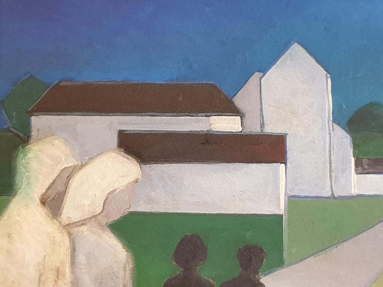 Poul Møller, Danish Mid Century Colourfield Oil On Board Of Houses And People In A Landscape. (1977) photo Art