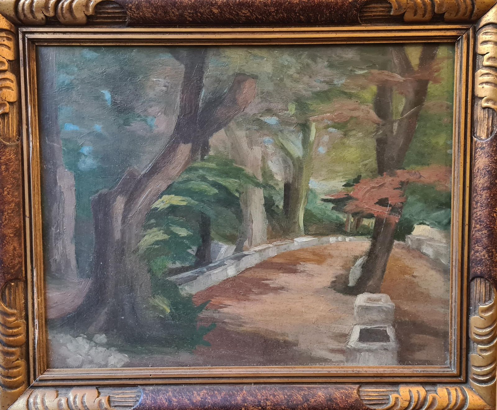 French Impressionist Oil On Board, Wooded Landscape, The Terrace Of The Chateau (1920s)