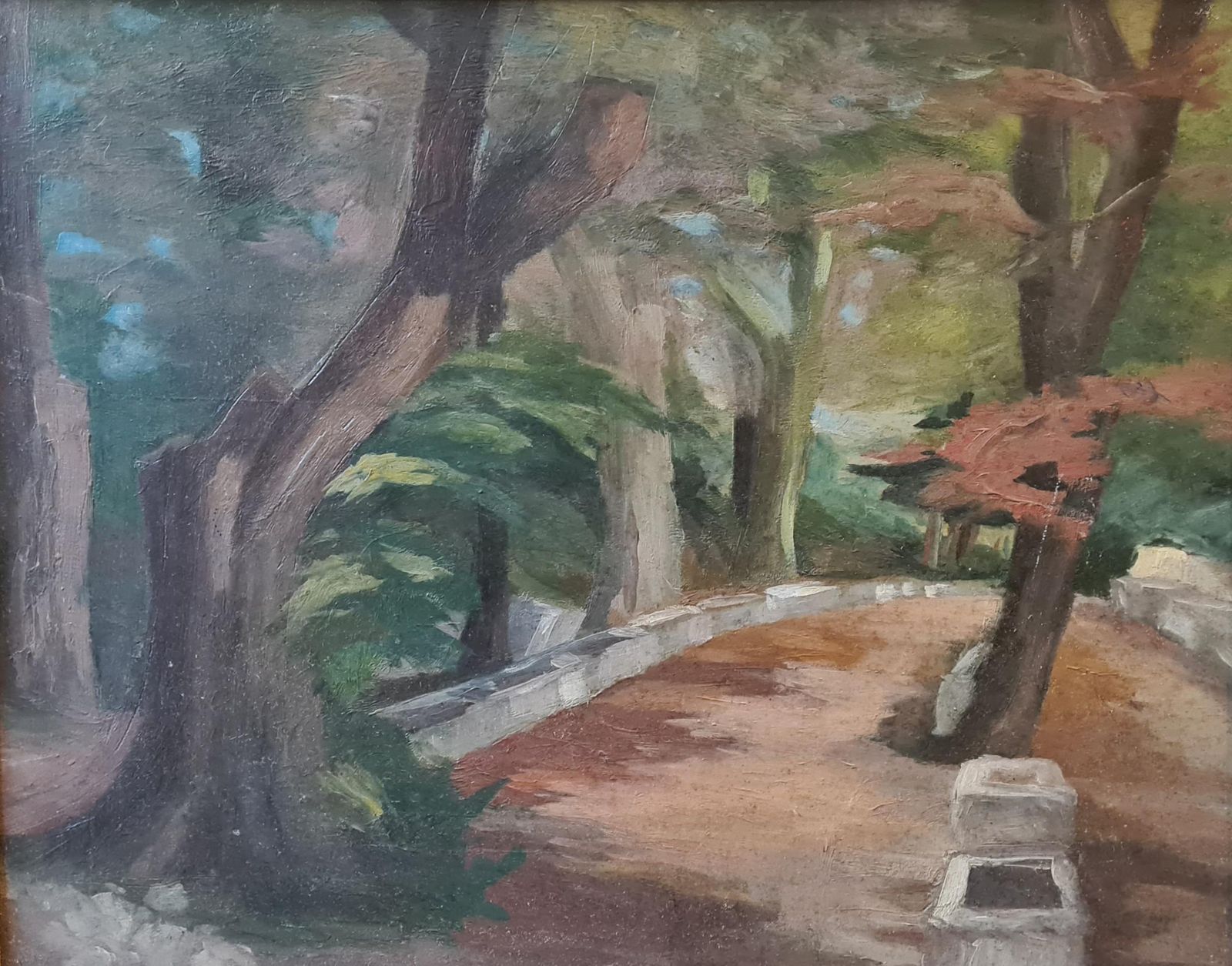 French Impressionist Oil On Board, Wooded Landscape, The Terrace Of The Chateau (1920s) photo furniture
