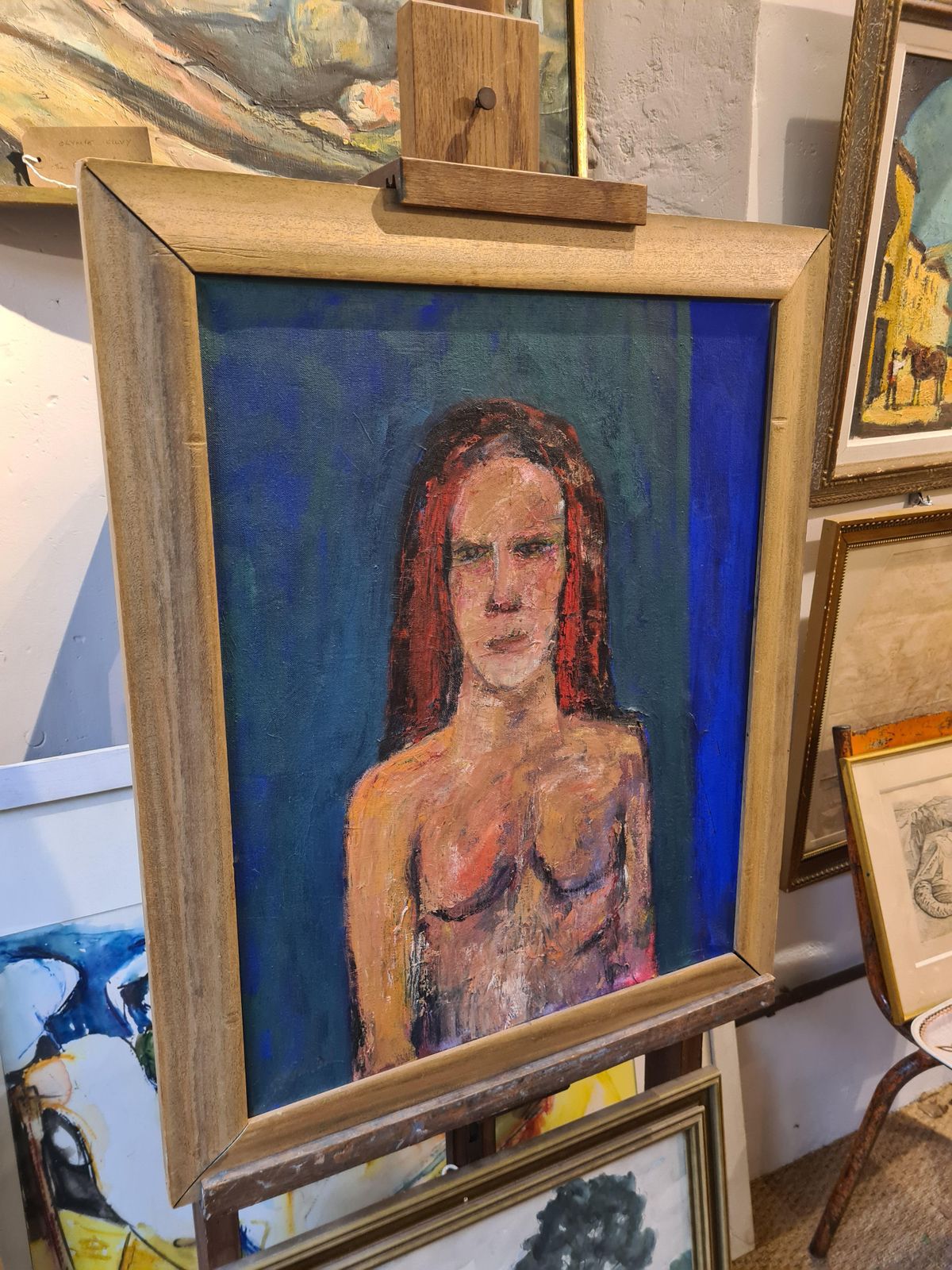 photo for sale Douglas Thomson, Expressionist Female Nude Portrait, 'The Green Curtain', Oil On Canvas. (1980s)