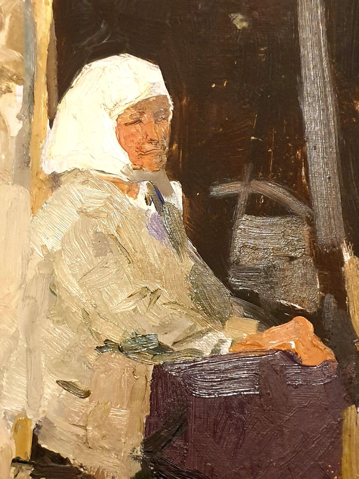 Realist Portrait, Mid Century Oil On Card, The Babushka. Oil. (1963) photo vintage
