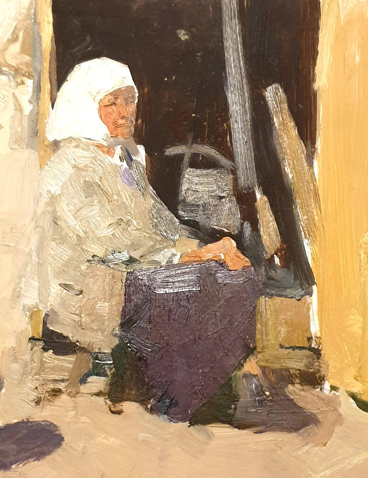 Art Realist Portrait, Mid Century Oil On Card, The Babushka. Oil. (1963) photo