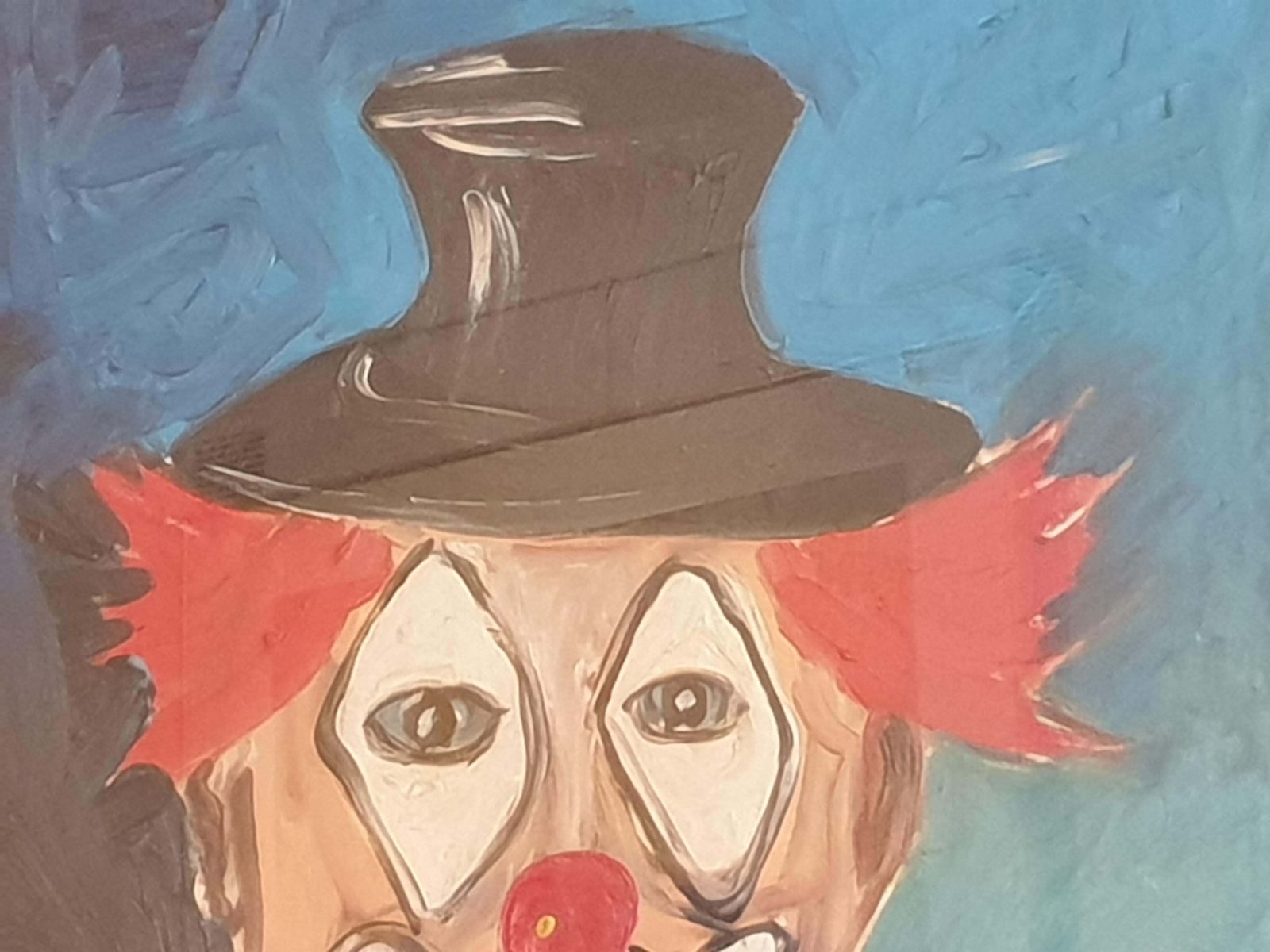 photo vinterior Luciano Morterracoco The Clown In Top Hat And Bow Tie. Milan School, Italian Oil On Canvas.1976