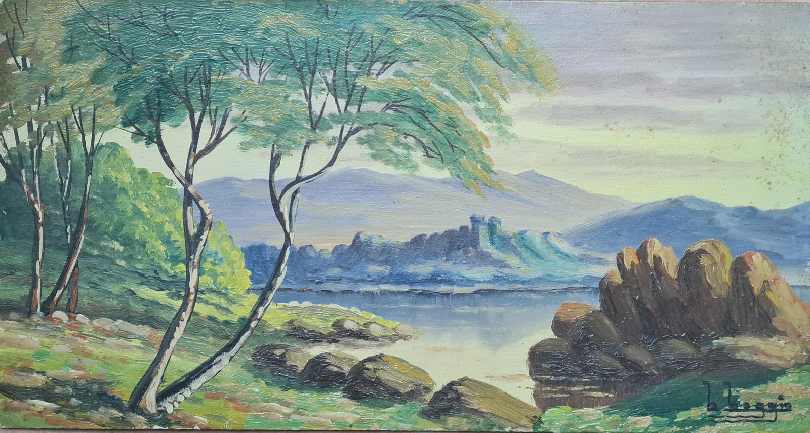 Boggio, Barbizon School Lakeside Landscape With Castle. Oil On Board.