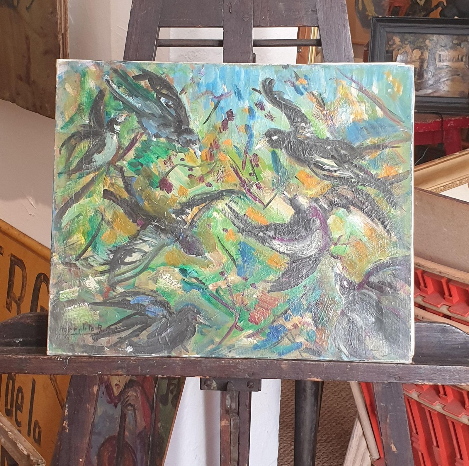 Hyppolite Roger French Mid Century Oil On Canvas, Birds In Flight photo 646.0