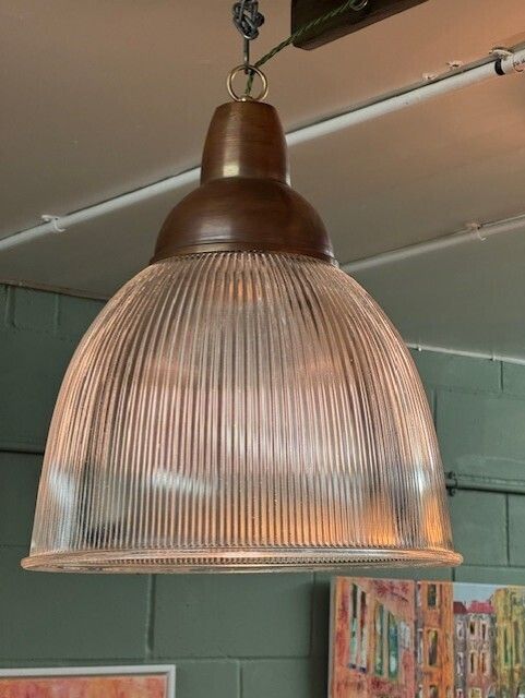 A Set Of Three Holophane Glass And Copper Pendant Lamps From The British Aerospace Factory (1940s)  photo furniture
