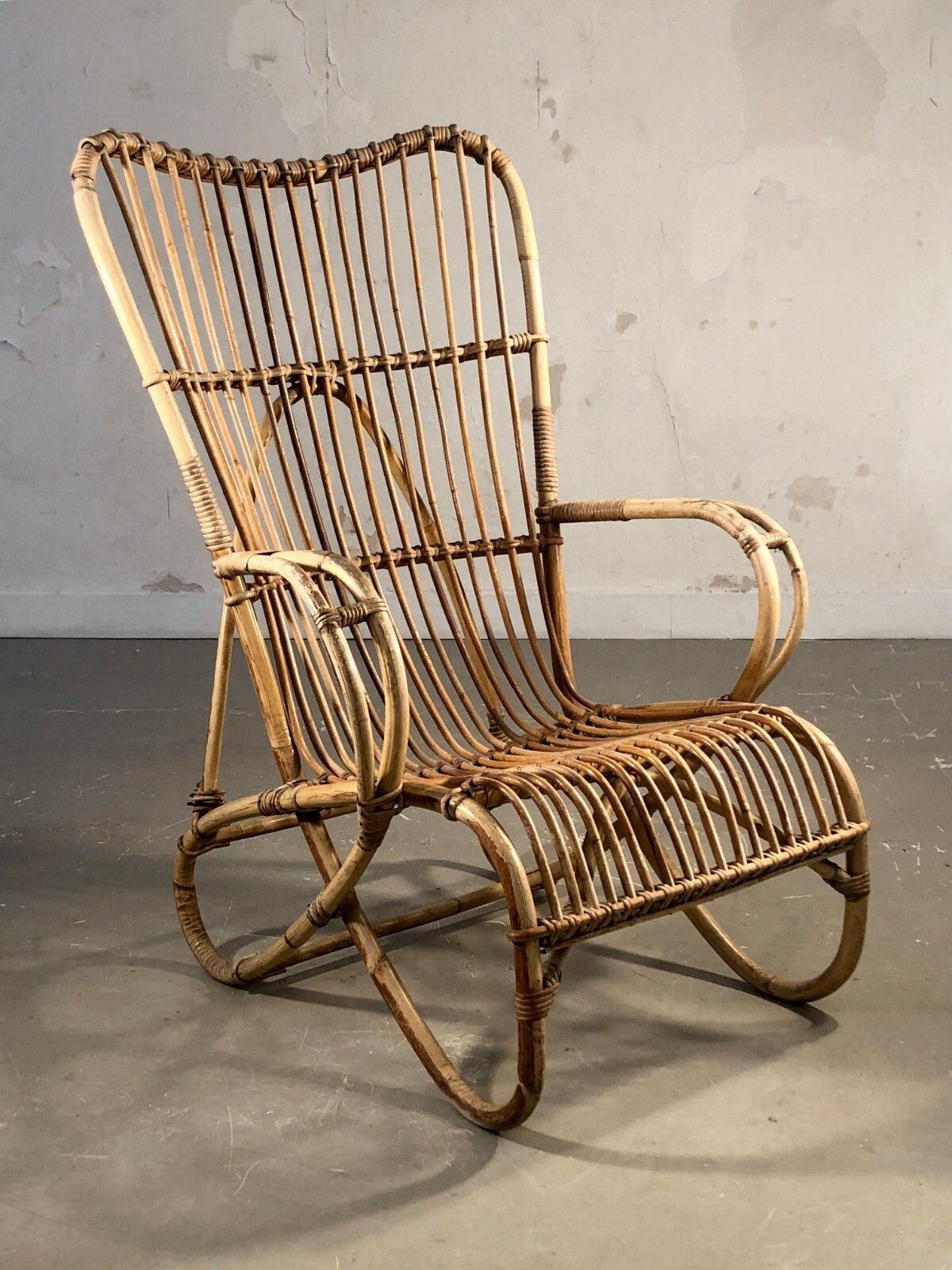1950 Modernist Armchair Brutalist Shabby Chic Bamboo Rattan Sognot Audoux Minnet photo buy