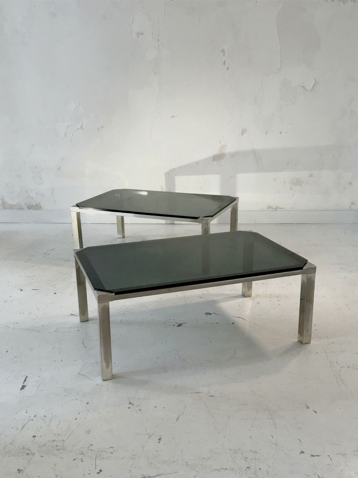 1970 House Jansen 2 Coffee Tables Art Deco Modernist Shabby Chic Silver Metal