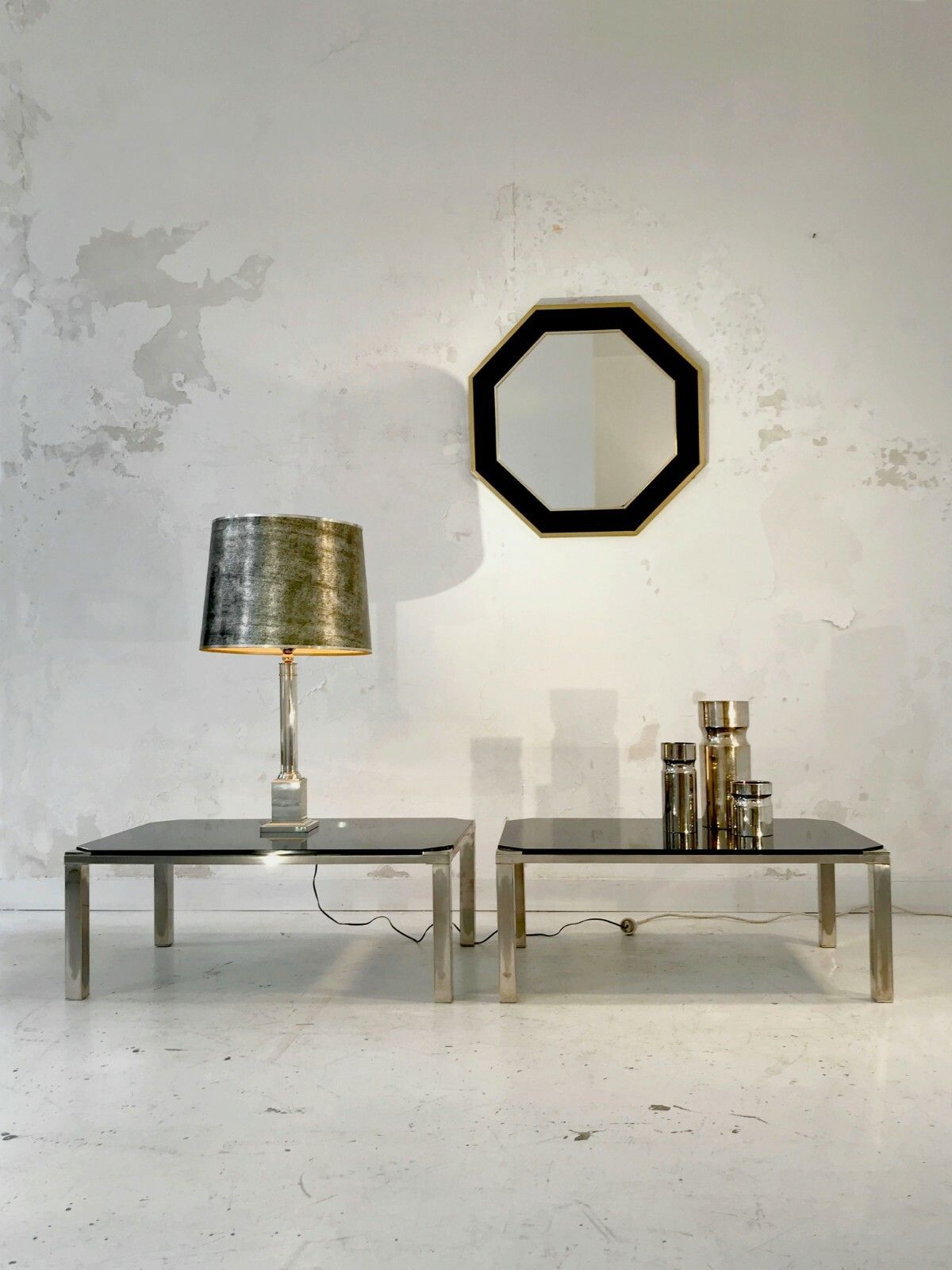 1970 House Jansen 2 Coffee Tables Art Deco Modernist Shabby Chic Silver Metal photo for sale